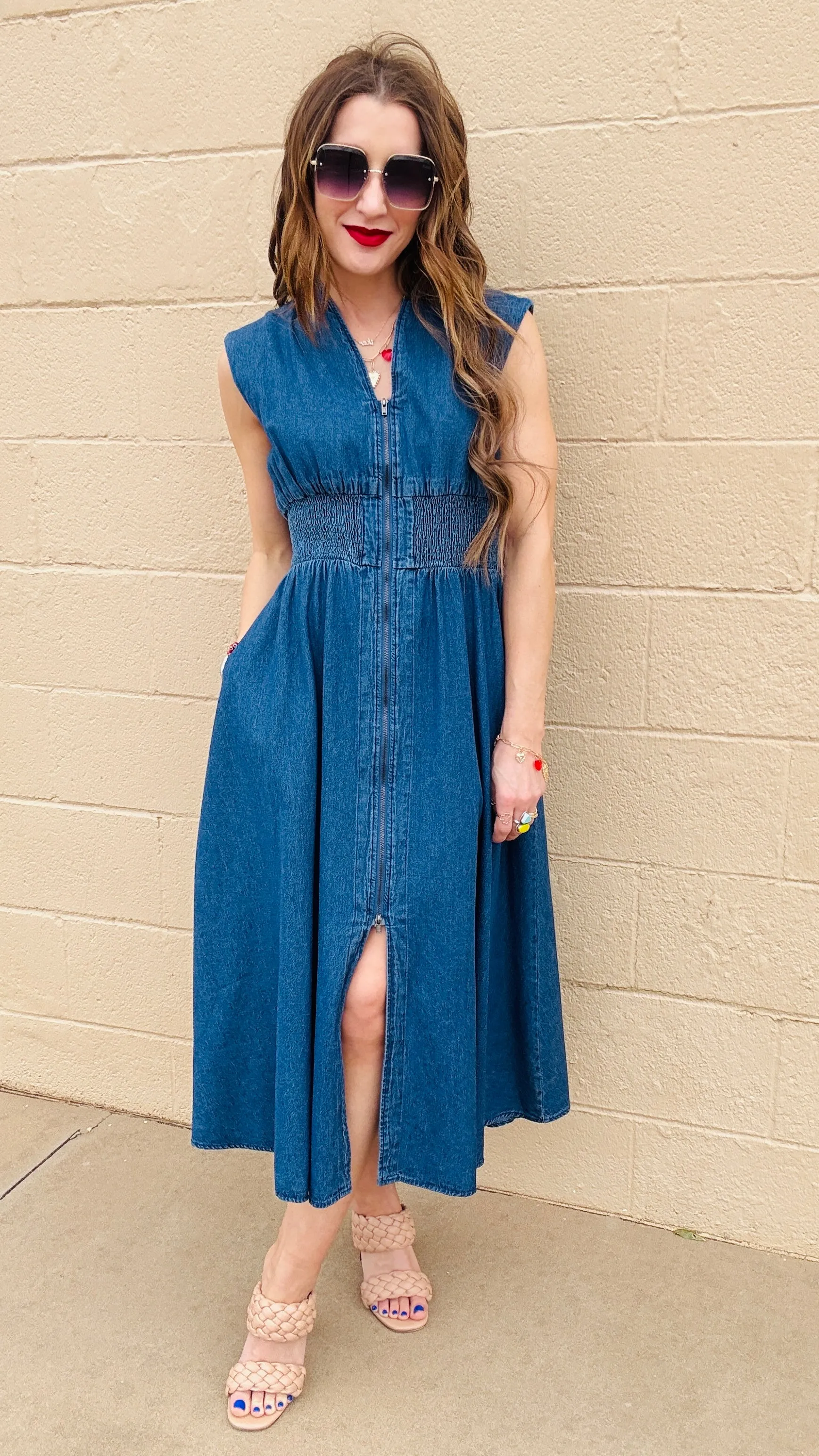 Blue Skies Zip-Up Denim Midi Dress