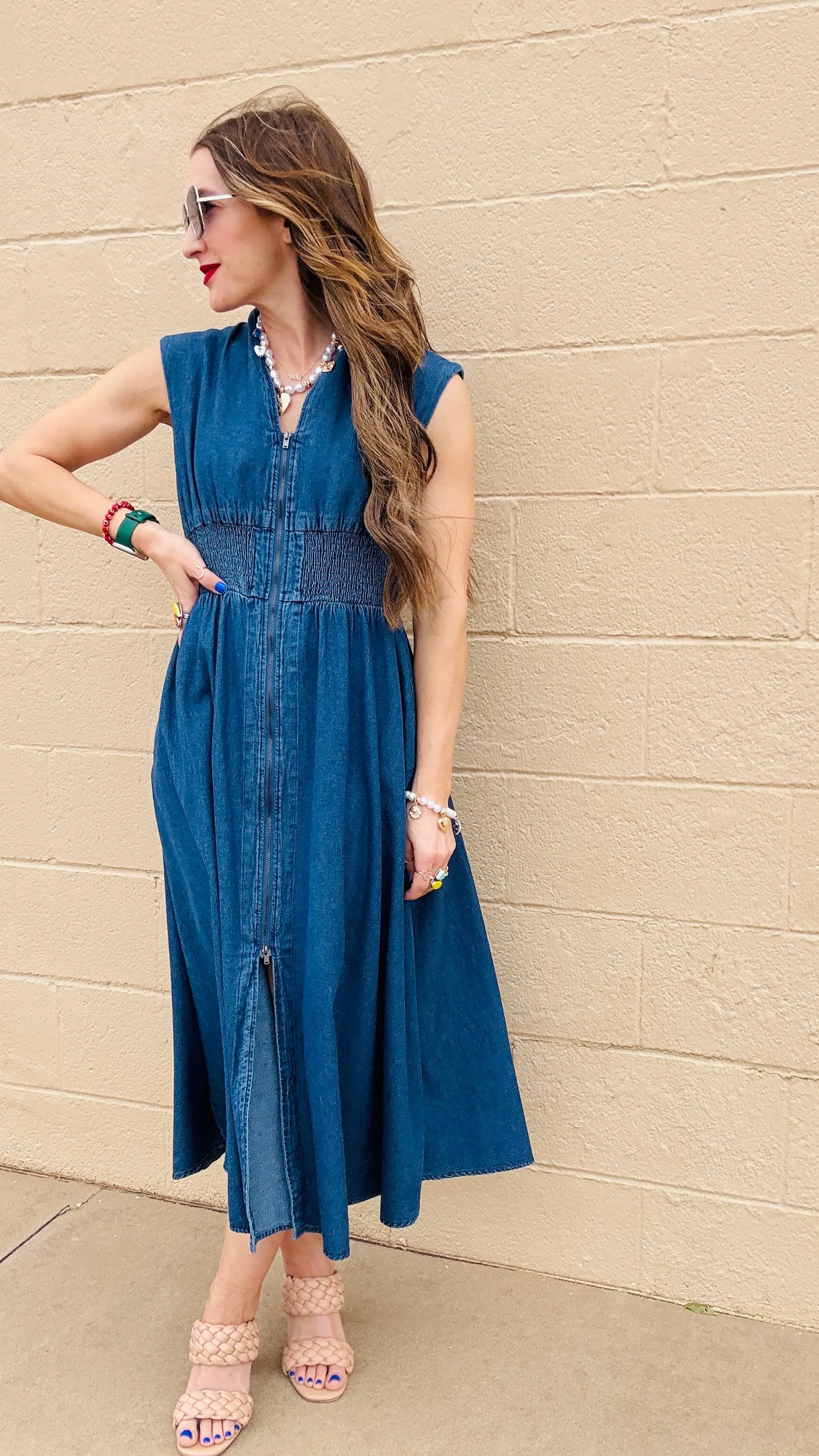 Blue Skies Zip-Up Denim Midi Dress