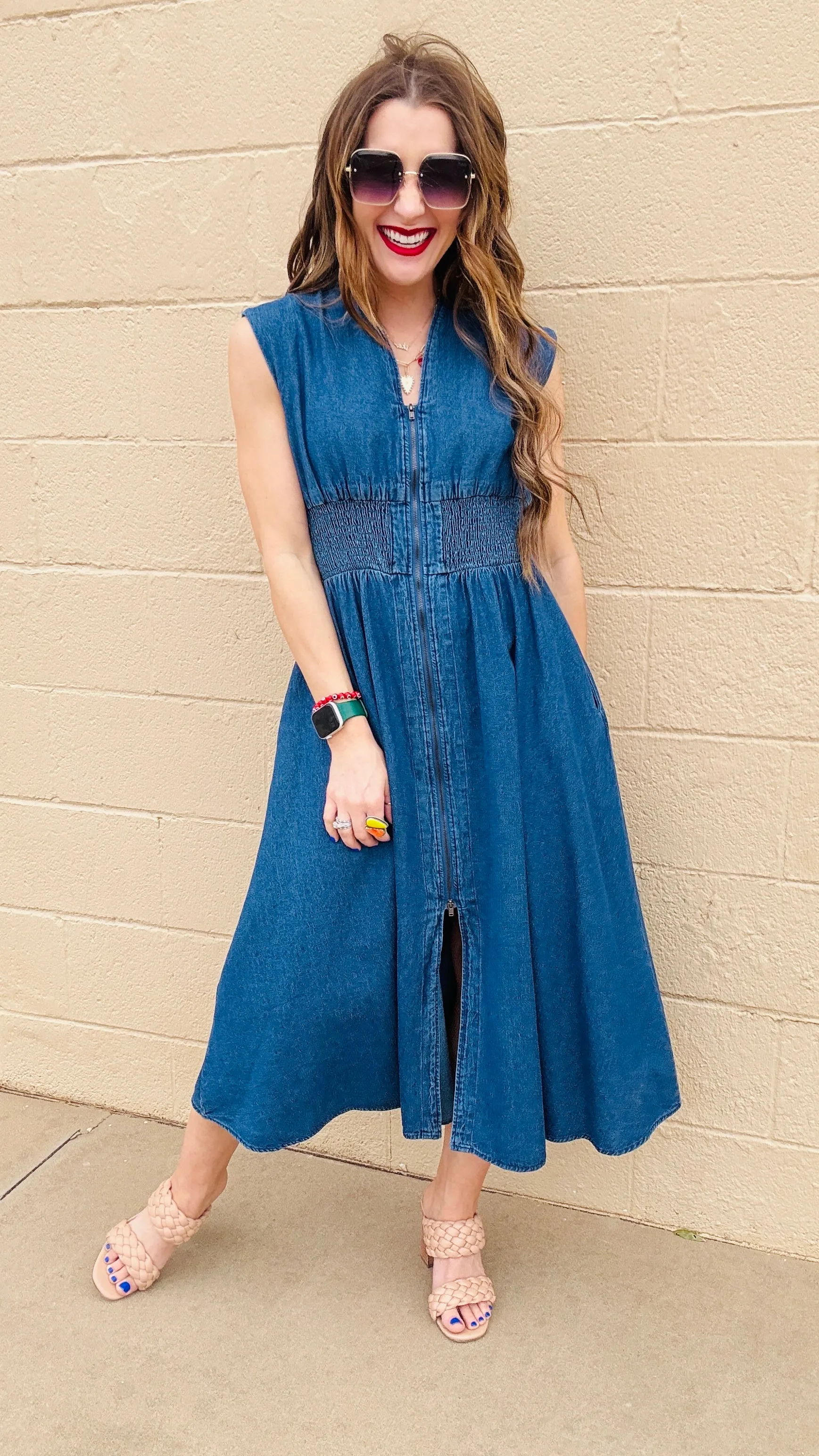 Blue Skies Zip-Up Denim Midi Dress
