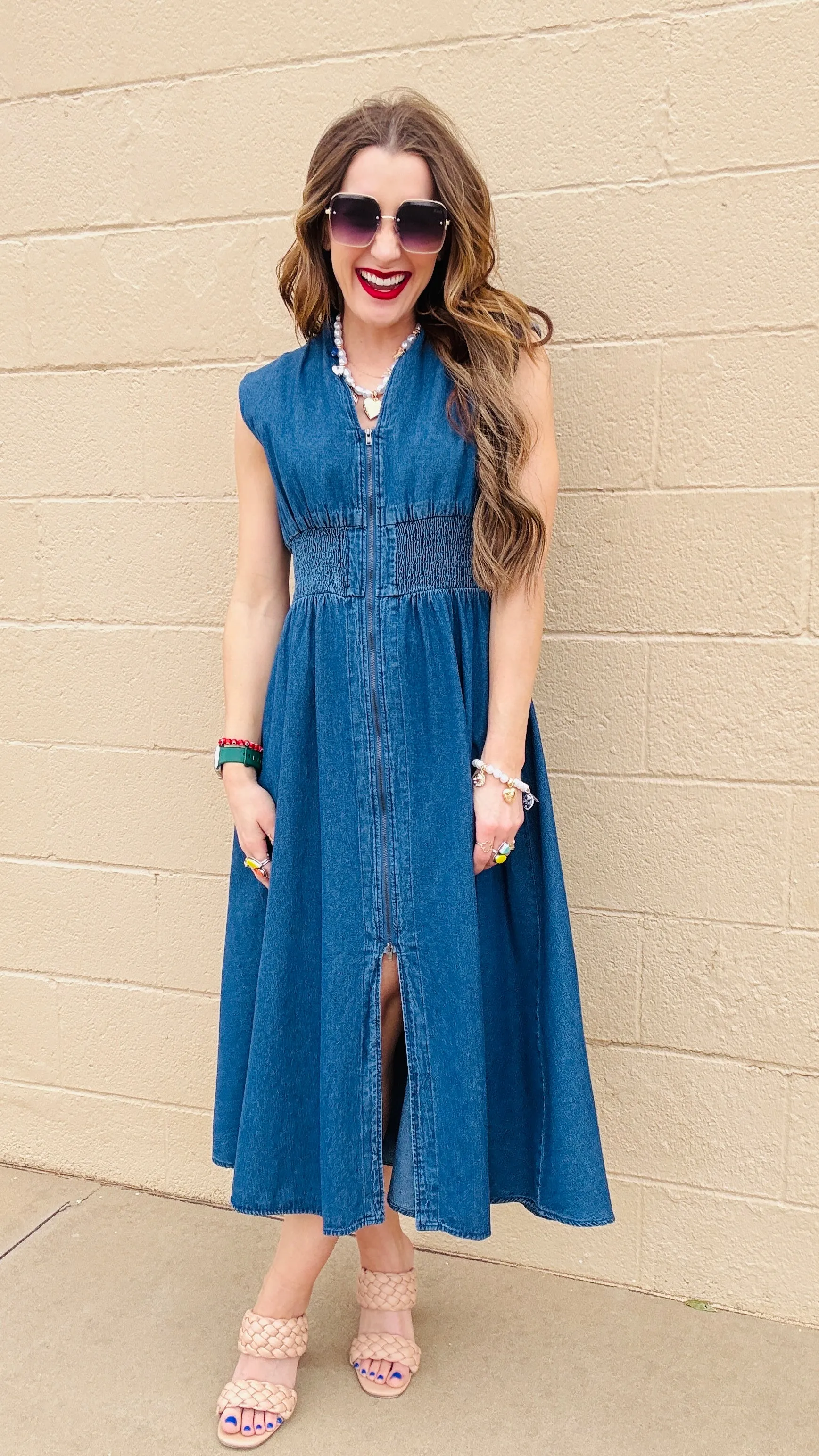 Blue Skies Zip-Up Denim Midi Dress
