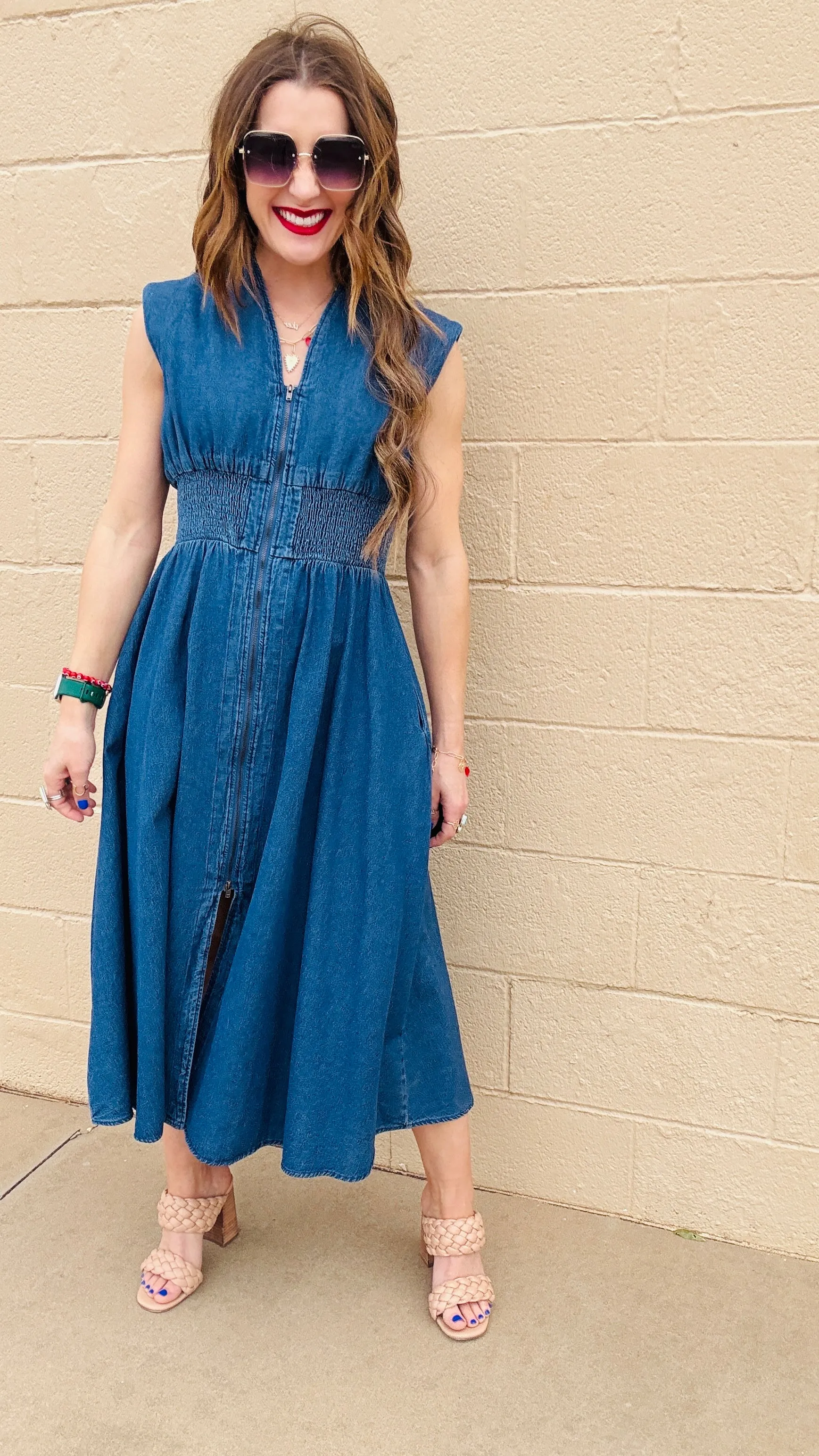 Blue Skies Zip-Up Denim Midi Dress
