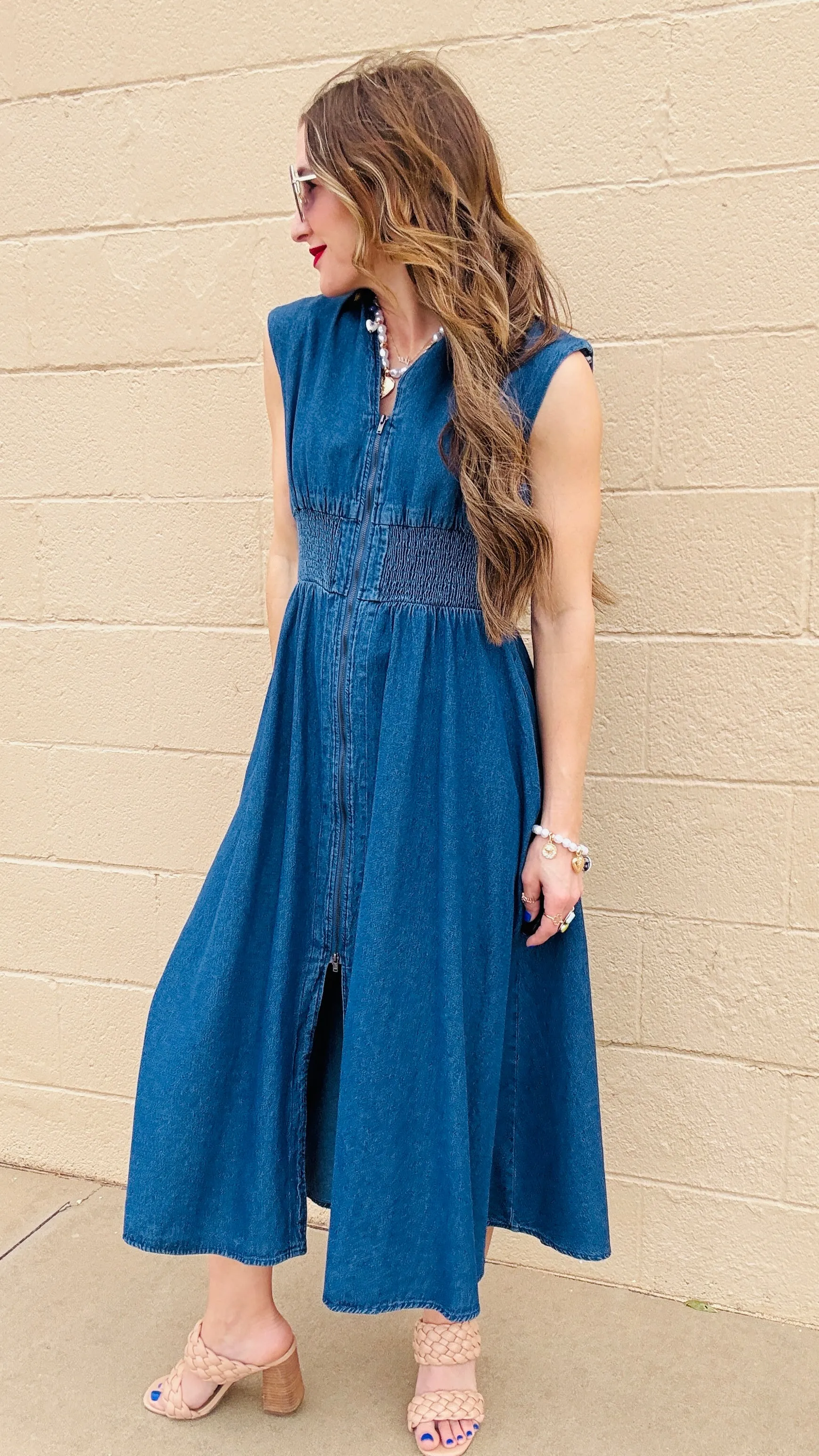 Blue Skies Zip-Up Denim Midi Dress