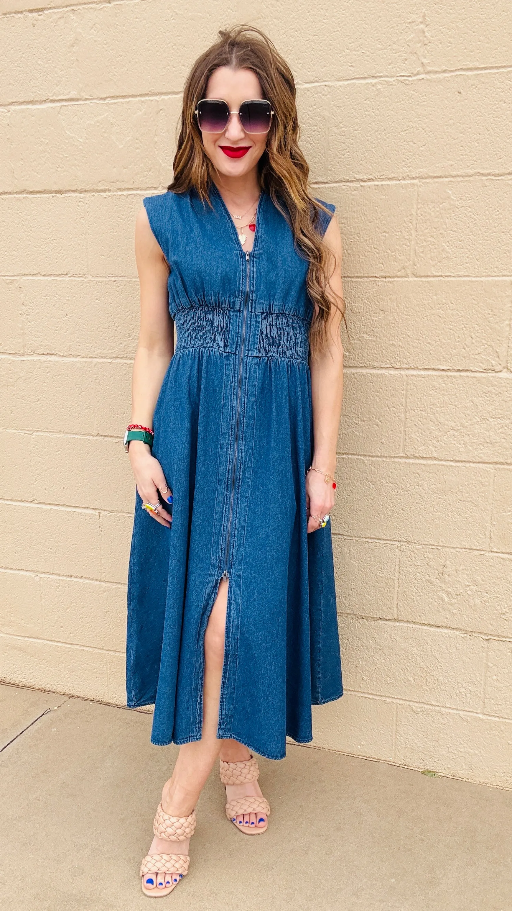 Blue Skies Zip-Up Denim Midi Dress