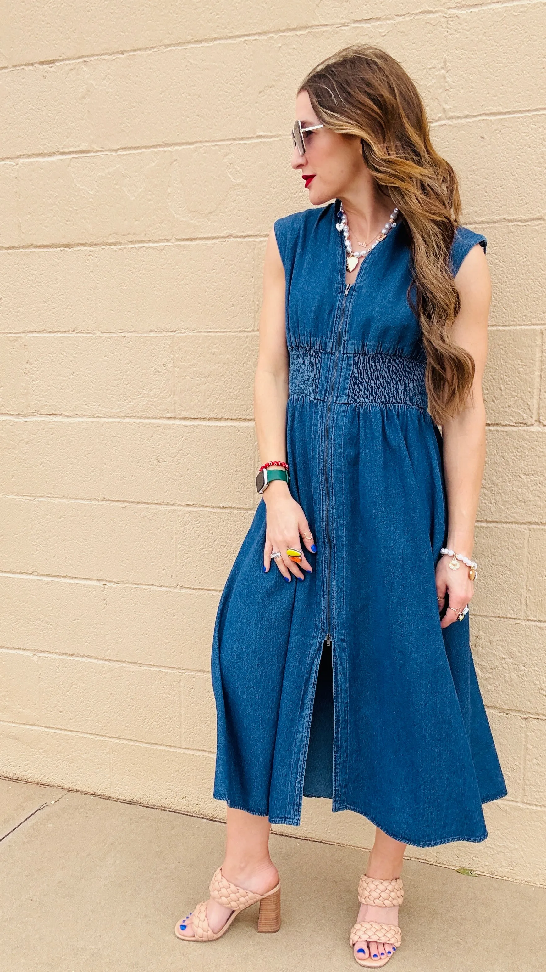 Blue Skies Zip-Up Denim Midi Dress