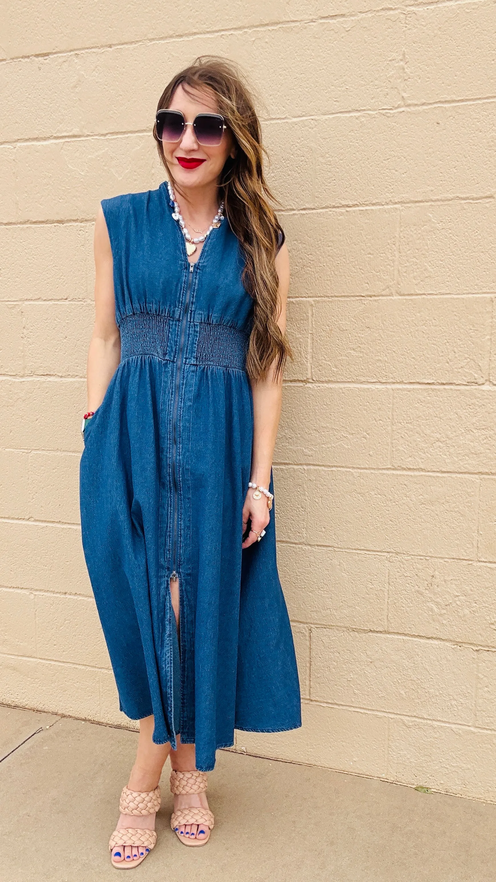 Blue Skies Zip-Up Denim Midi Dress
