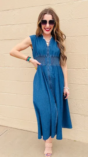 Blue Skies Zip-Up Denim Midi Dress