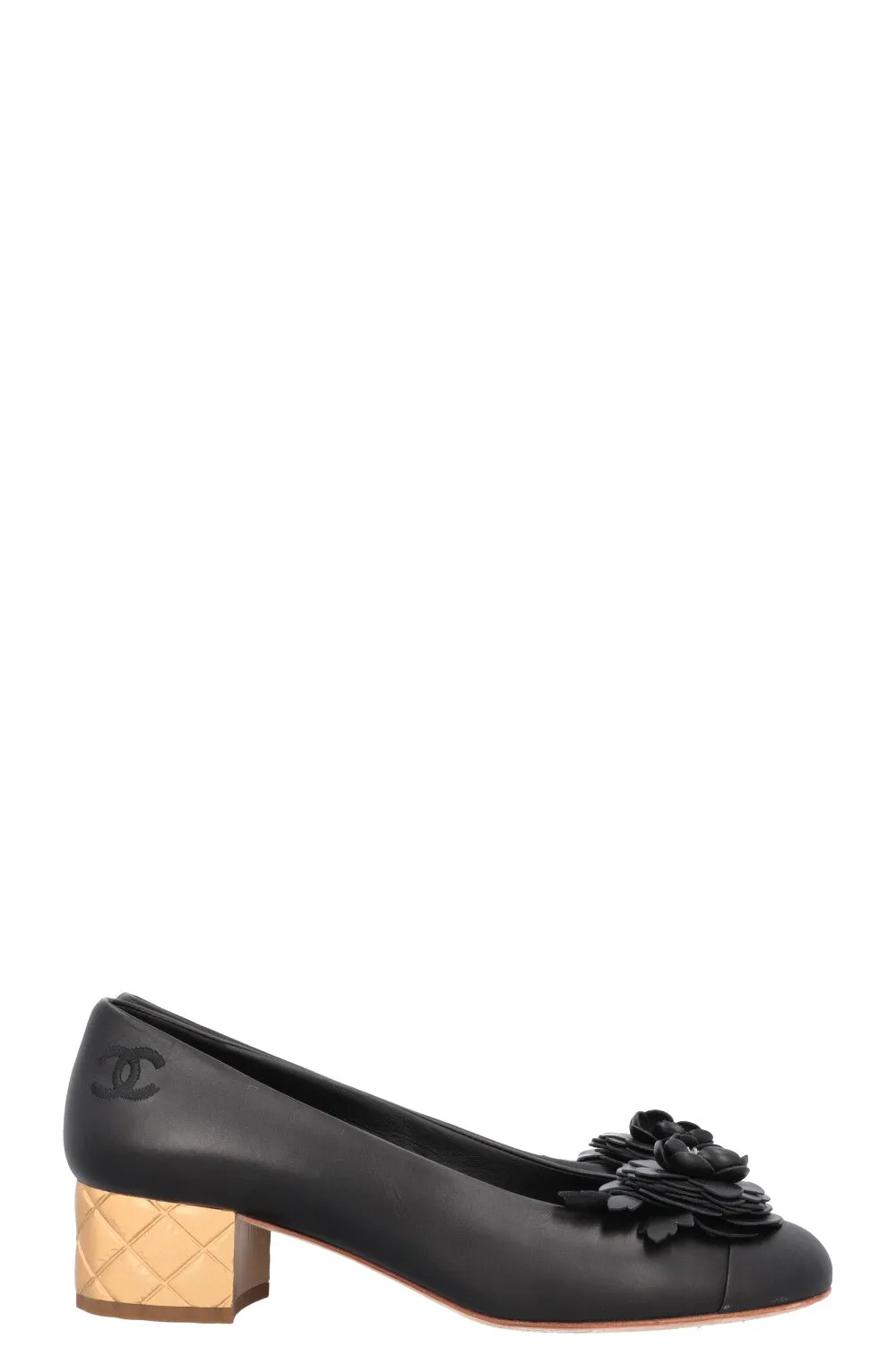 CHANEL 2015 Camellia Quilted Gold Heels Black