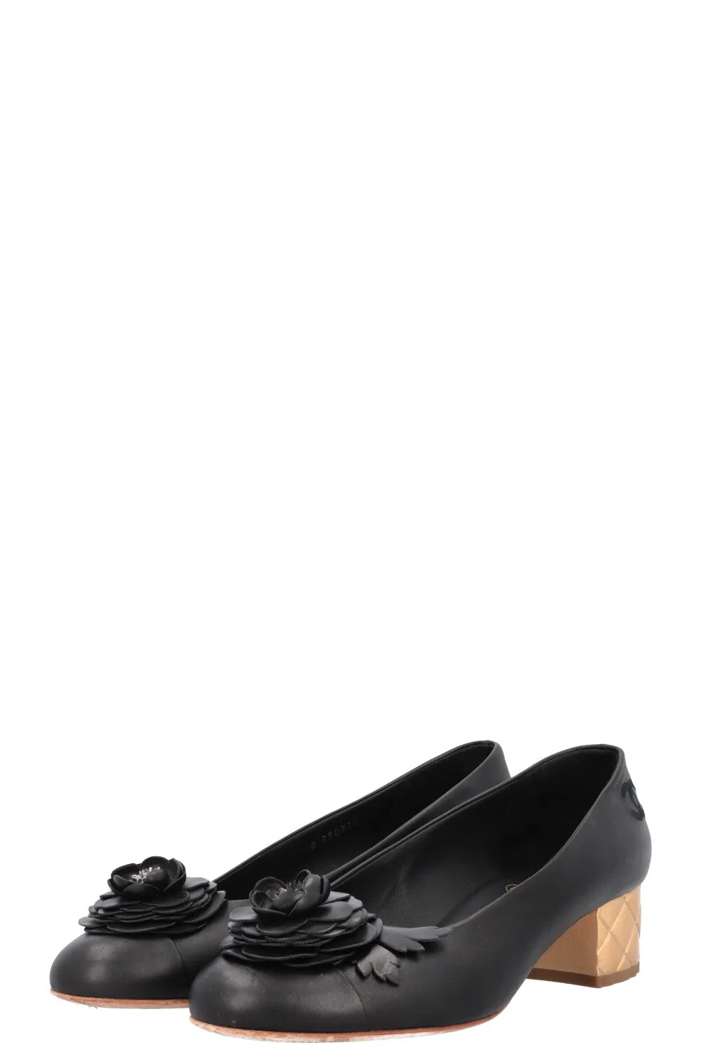 CHANEL 2015 Camellia Quilted Gold Heels Black