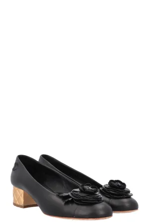 CHANEL 2015 Camellia Quilted Gold Heels Black