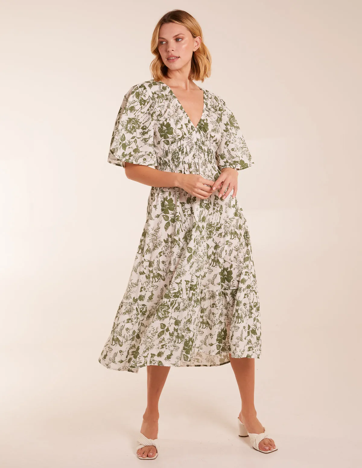 Floral V Neck Elastic Waist Dress