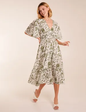 Floral V Neck Elastic Waist Dress