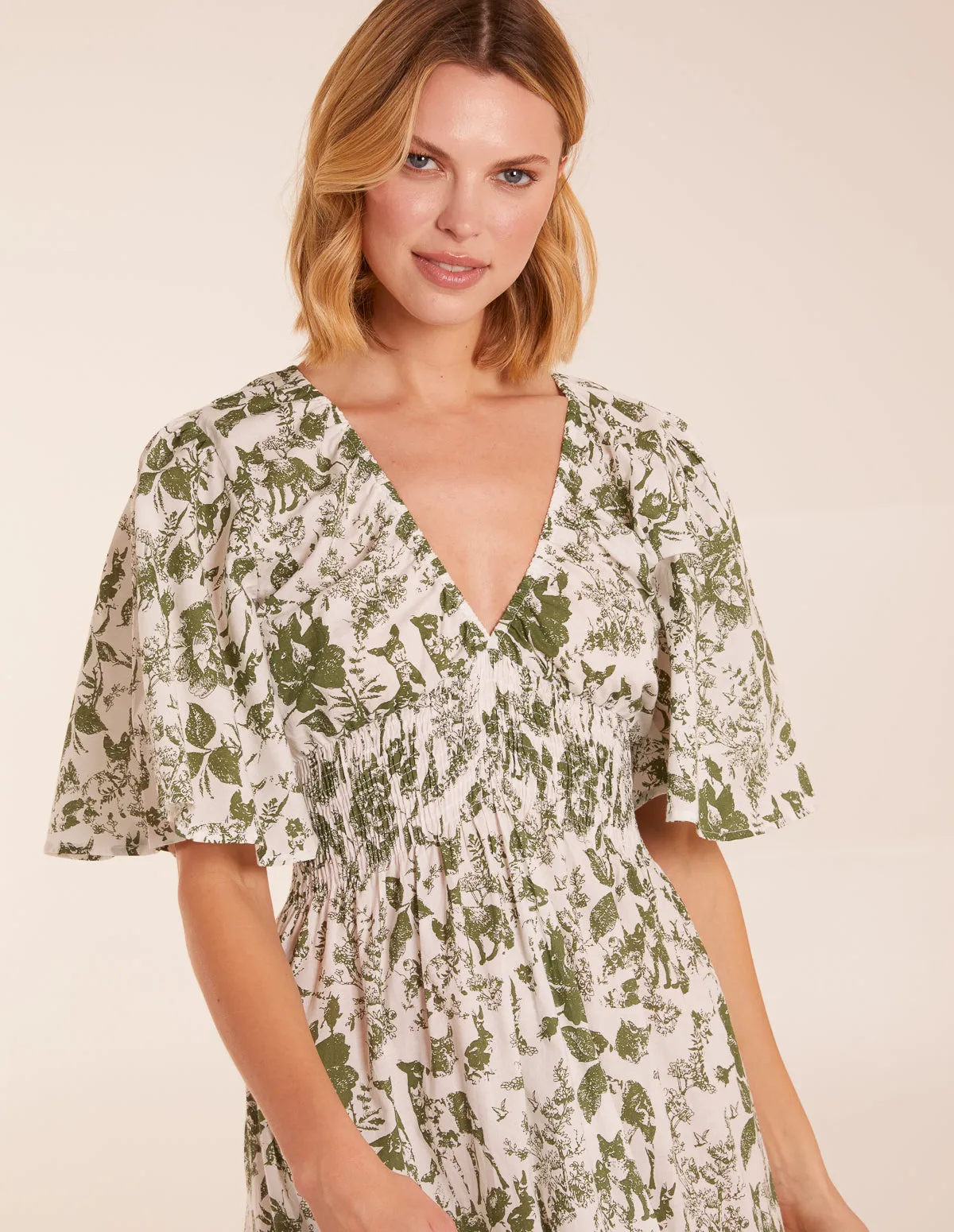 Floral V Neck Elastic Waist Dress