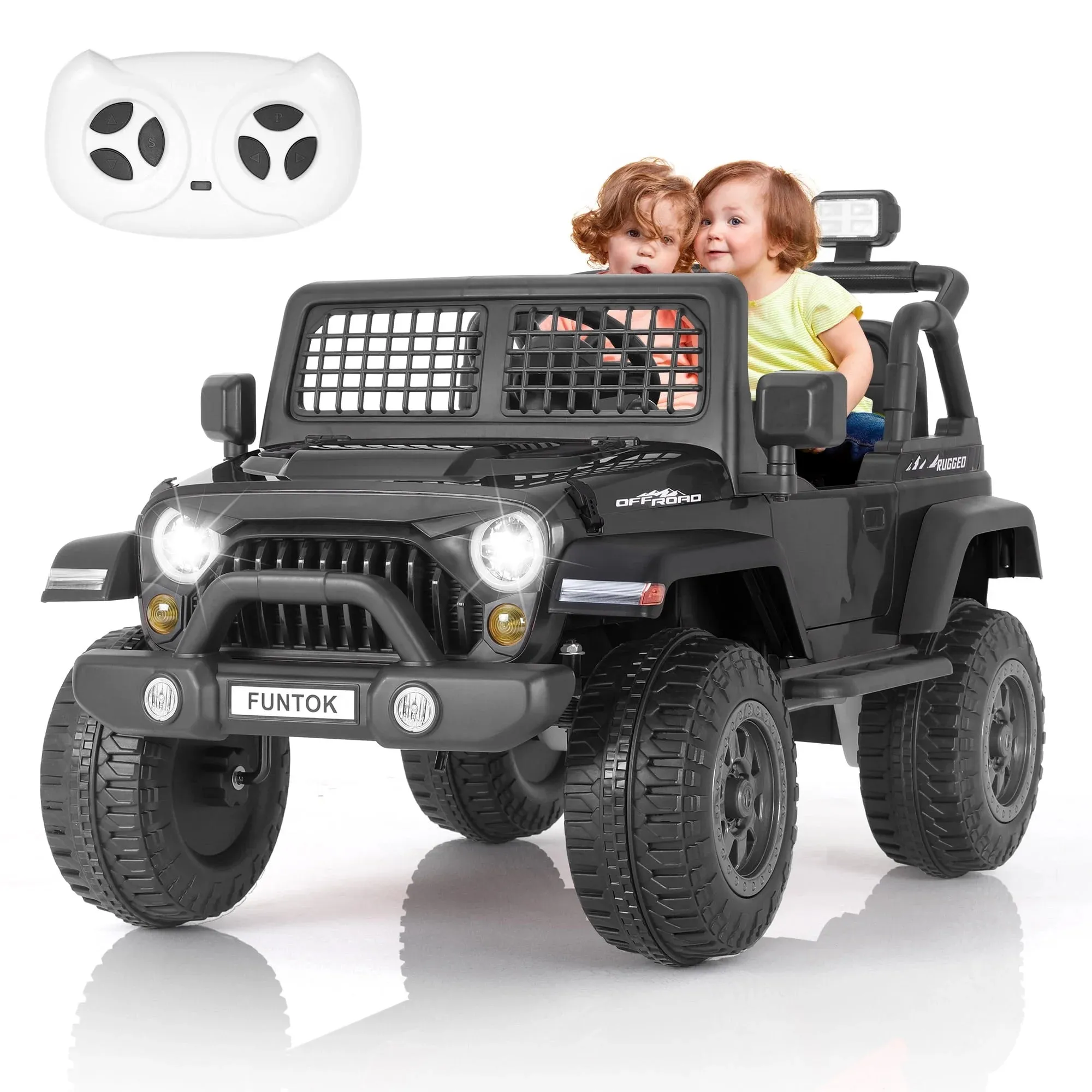 FUNTOK 12V 7AH 2 Seater Electric Ride on Truck, Kids Battery Powered Ride Toy, Motorized Car for Toddlers w/ Remote Control, Bluetooth, Spring Suspension, MP3 Player & LED Lights,Black