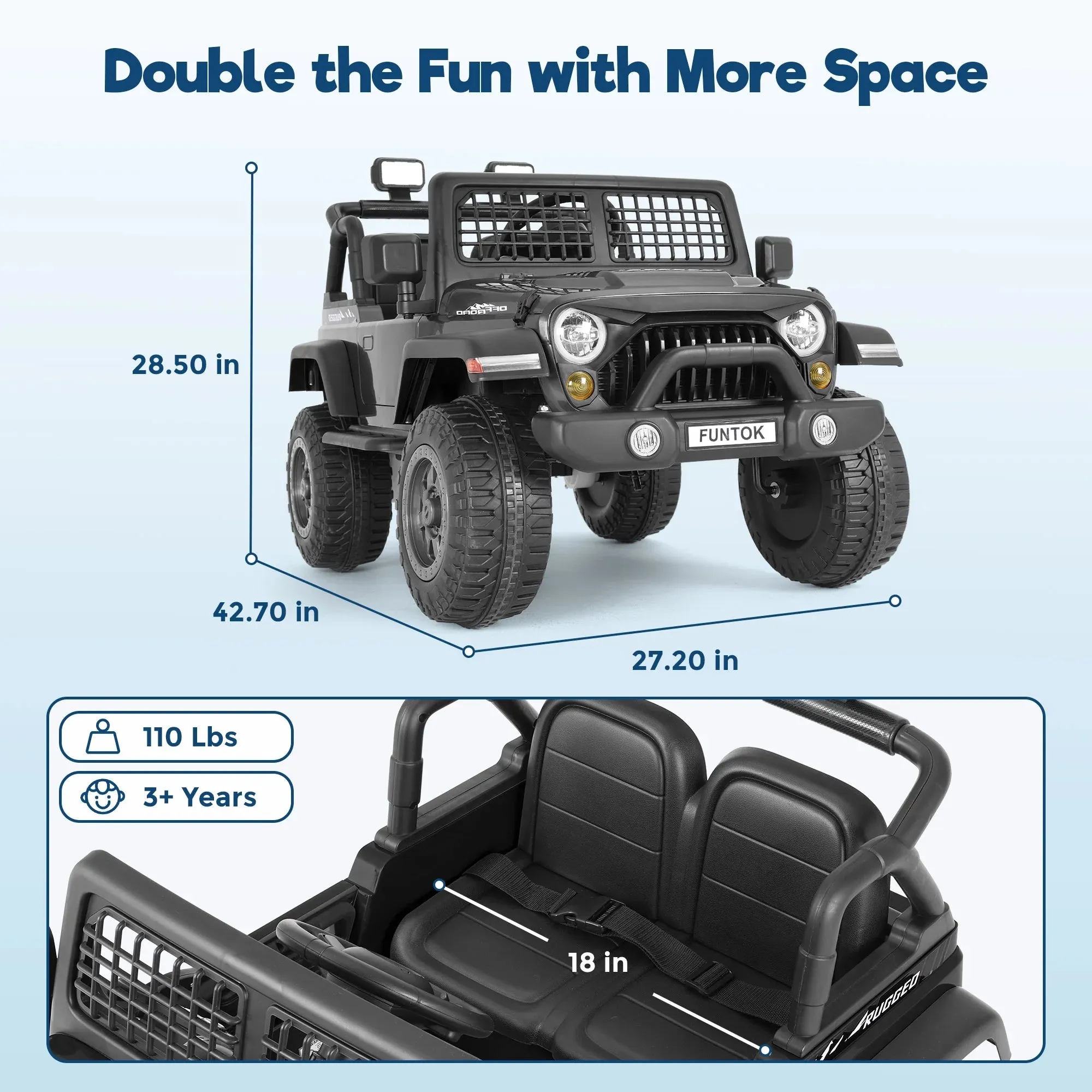 FUNTOK 12V 7AH 2 Seater Electric Ride on Truck, Kids Battery Powered Ride Toy, Motorized Car for Toddlers w/ Remote Control, Bluetooth, Spring Suspension, MP3 Player & LED Lights,Black