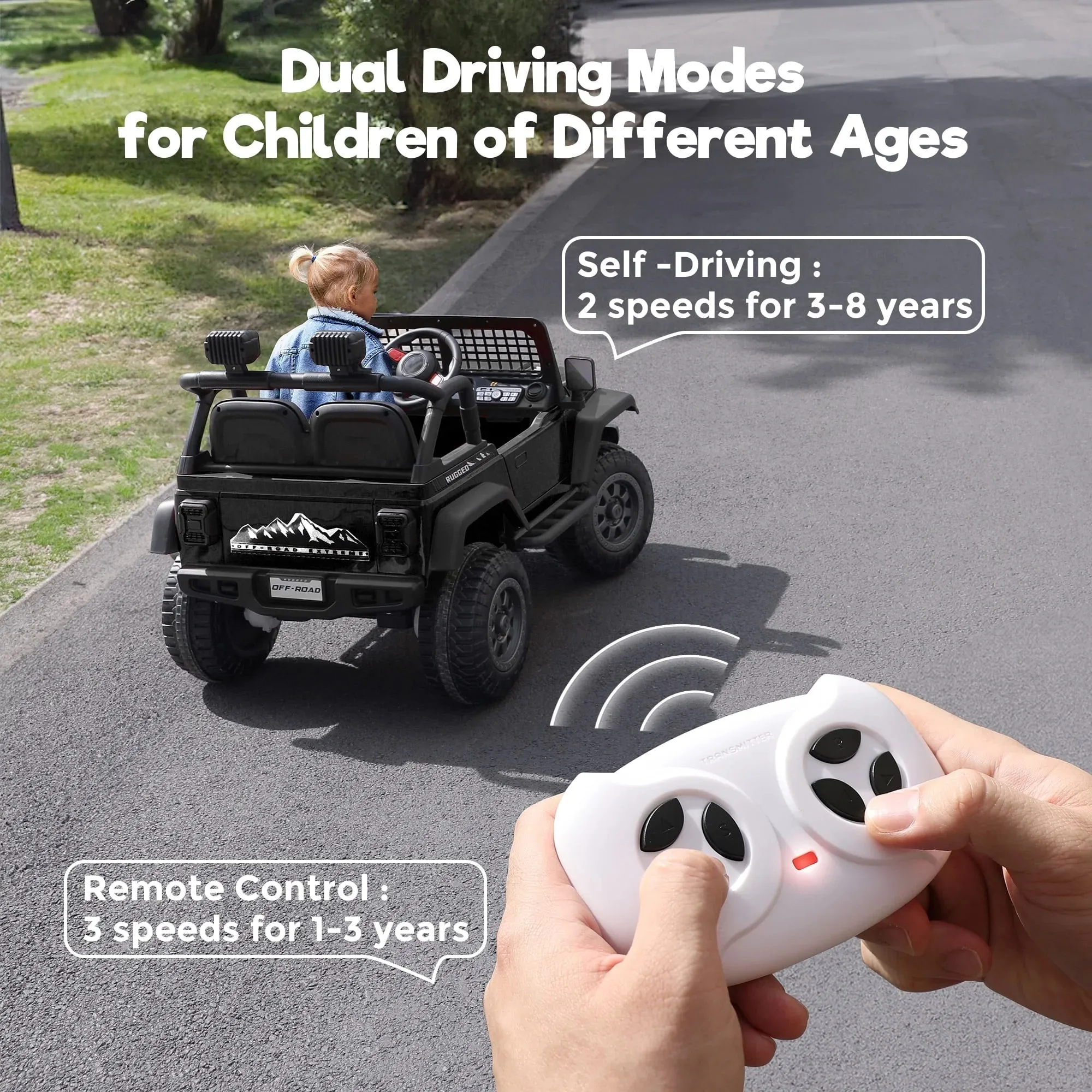 FUNTOK 12V 7AH 2 Seater Electric Ride on Truck, Kids Battery Powered Ride Toy, Motorized Car for Toddlers w/ Remote Control, Bluetooth, Spring Suspension, MP3 Player & LED Lights,Black