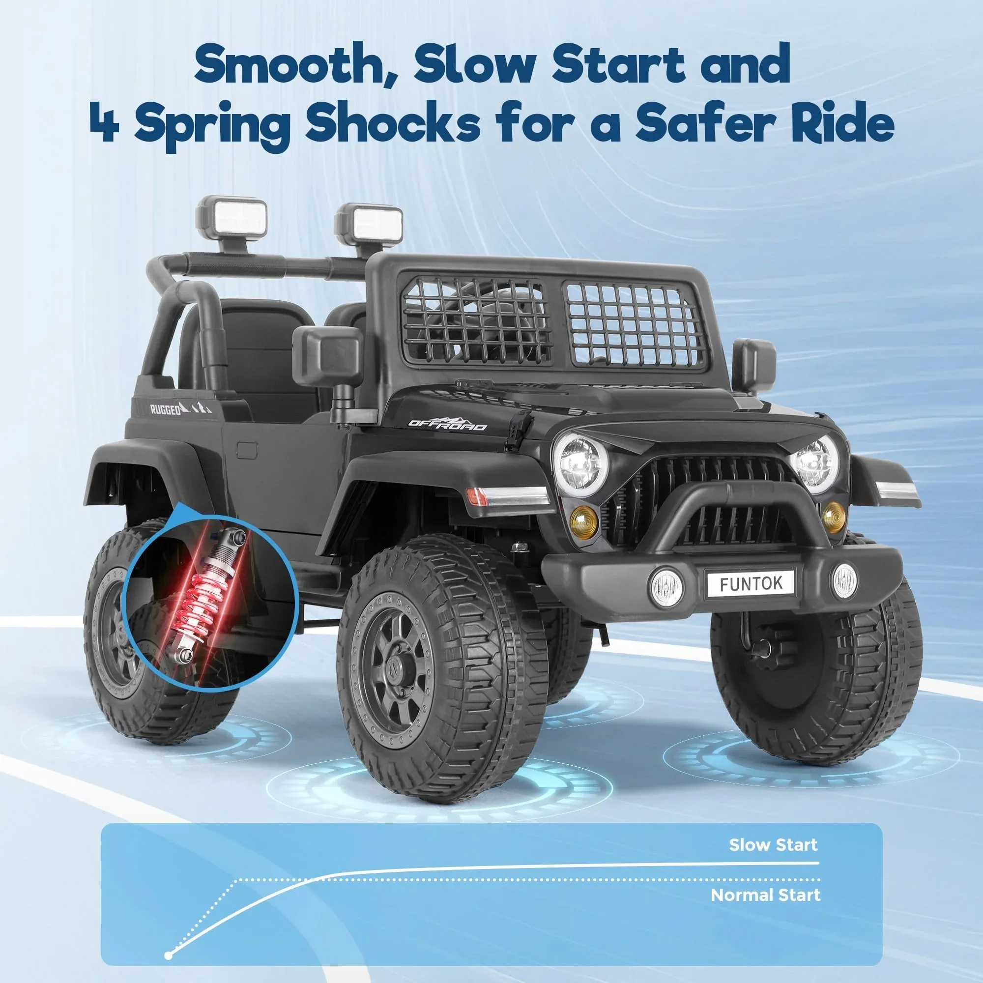FUNTOK 12V 7AH 2 Seater Electric Ride on Truck, Kids Battery Powered Ride Toy, Motorized Car for Toddlers w/ Remote Control, Bluetooth, Spring Suspension, MP3 Player & LED Lights,Black
