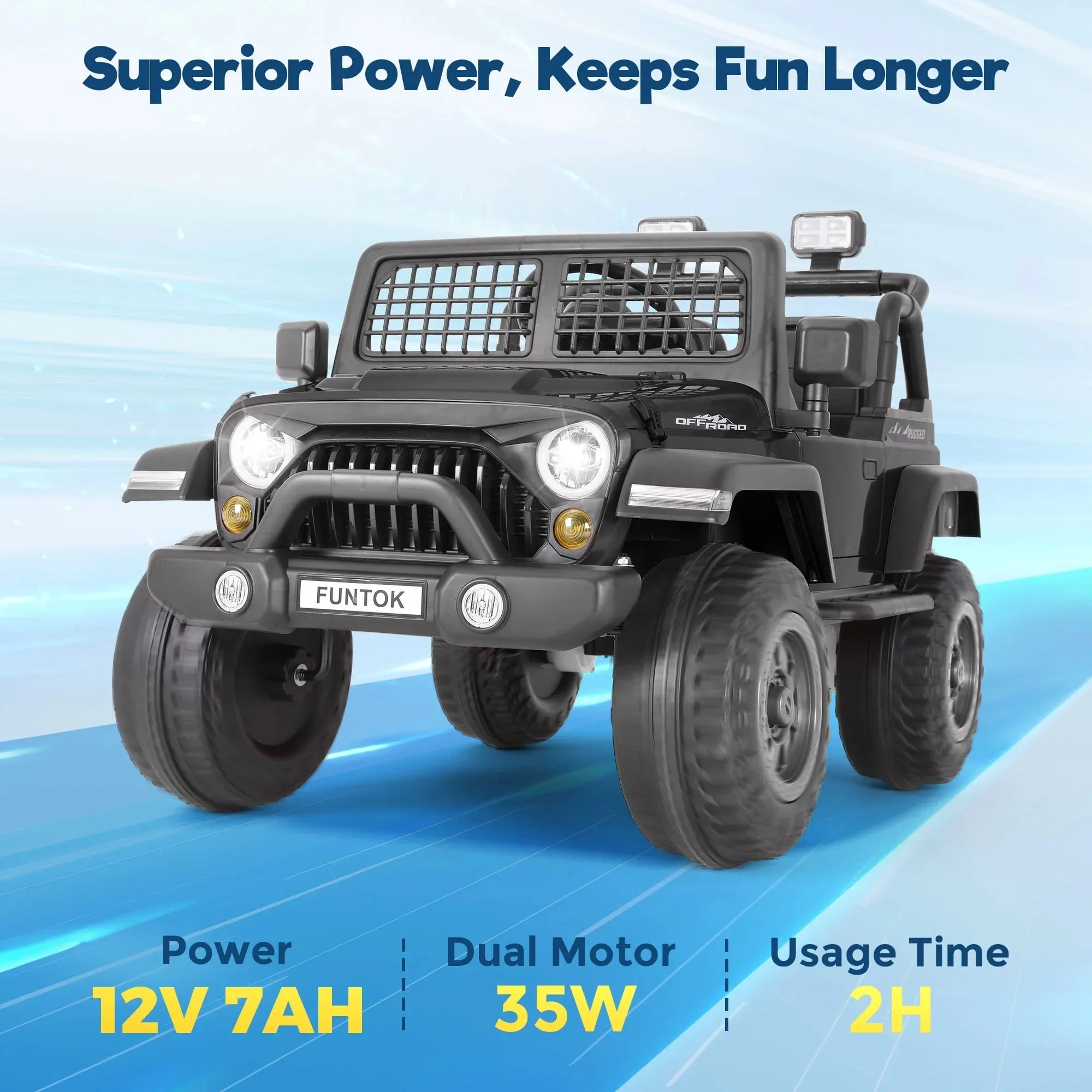 FUNTOK 12V 7AH 2 Seater Electric Ride on Truck, Kids Battery Powered Ride Toy, Motorized Car for Toddlers w/ Remote Control, Bluetooth, Spring Suspension, MP3 Player & LED Lights,Black