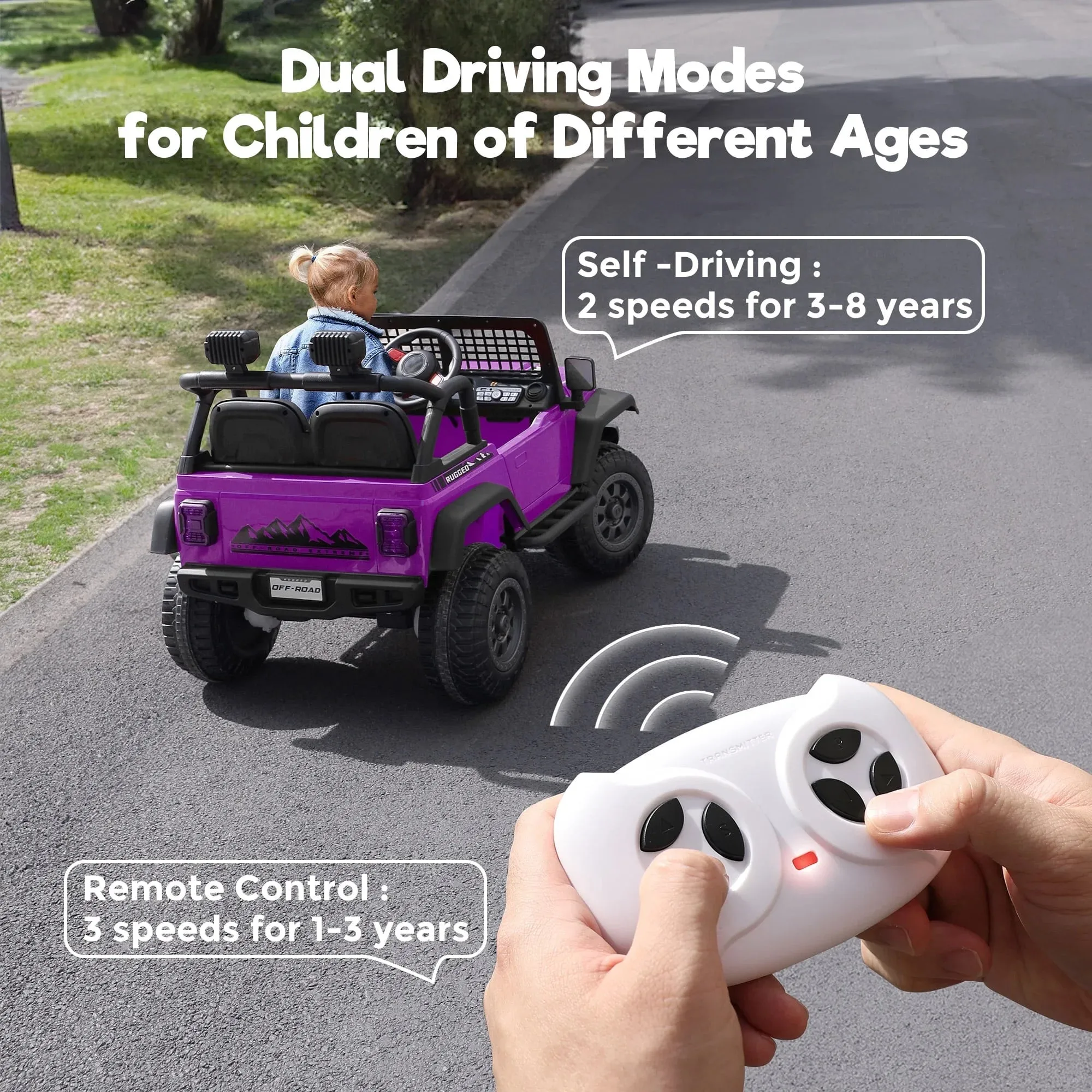 FUNTOK 12V 7AH 2 Seater Electric Ride on Truck, Kids Battery Powered Ride Toy, Motorized Car for Toddlers w/ Remote Control, Bluetooth, Spring Suspension, MP3 Player & LED Lights,Purple