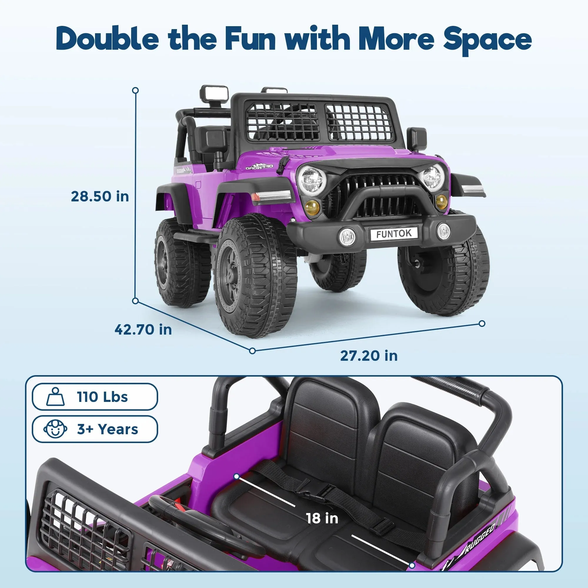 FUNTOK 12V 7AH 2 Seater Electric Ride on Truck, Kids Battery Powered Ride Toy, Motorized Car for Toddlers w/ Remote Control, Bluetooth, Spring Suspension, MP3 Player & LED Lights,Purple