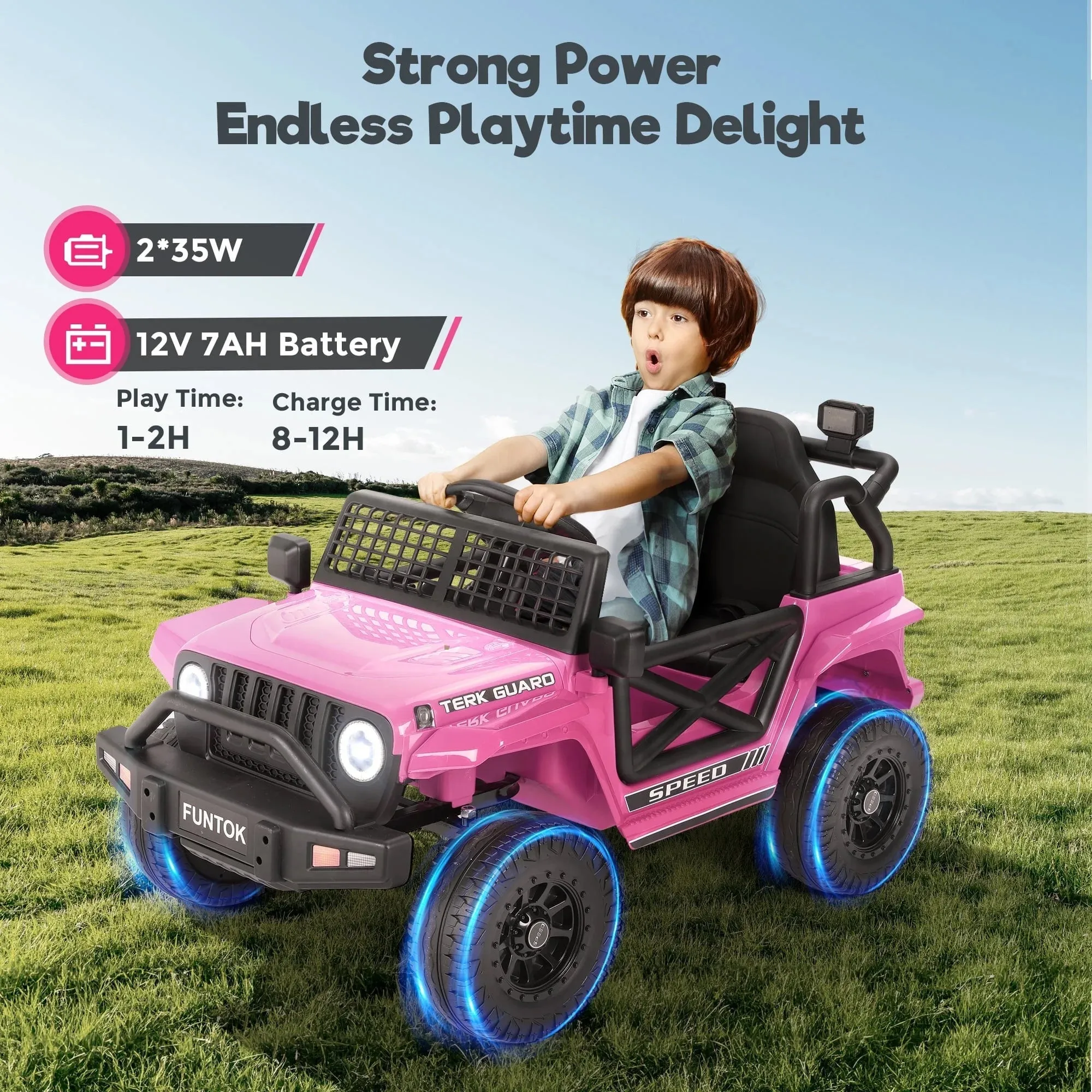 FUNTOK 12V 7AH Kids Ride on Truck, Electric Ride on Car Toy Battery Powered Truck Vehicle w/ Remote Control, Bluetooth, Spring Suspension, MP3 Player & LED Lights, 3 Speeds