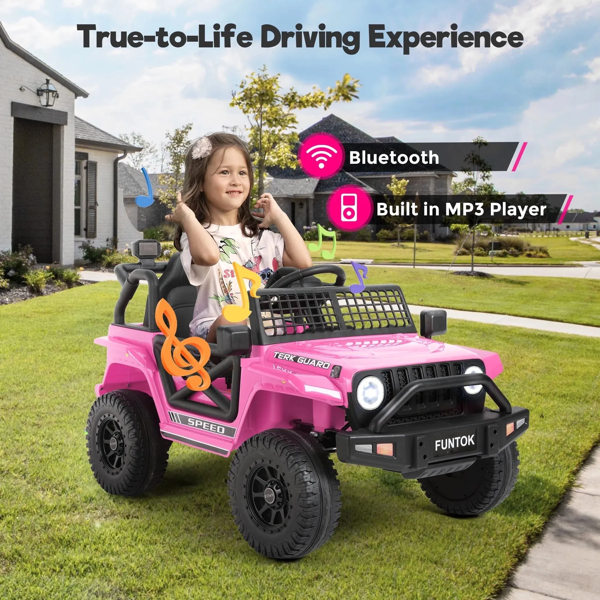 FUNTOK 12V 7AH Kids Ride on Truck, Electric Ride on Car Toy Battery Powered Truck Vehicle w/ Remote Control, Bluetooth, Spring Suspension, MP3 Player & LED Lights, 3 Speeds