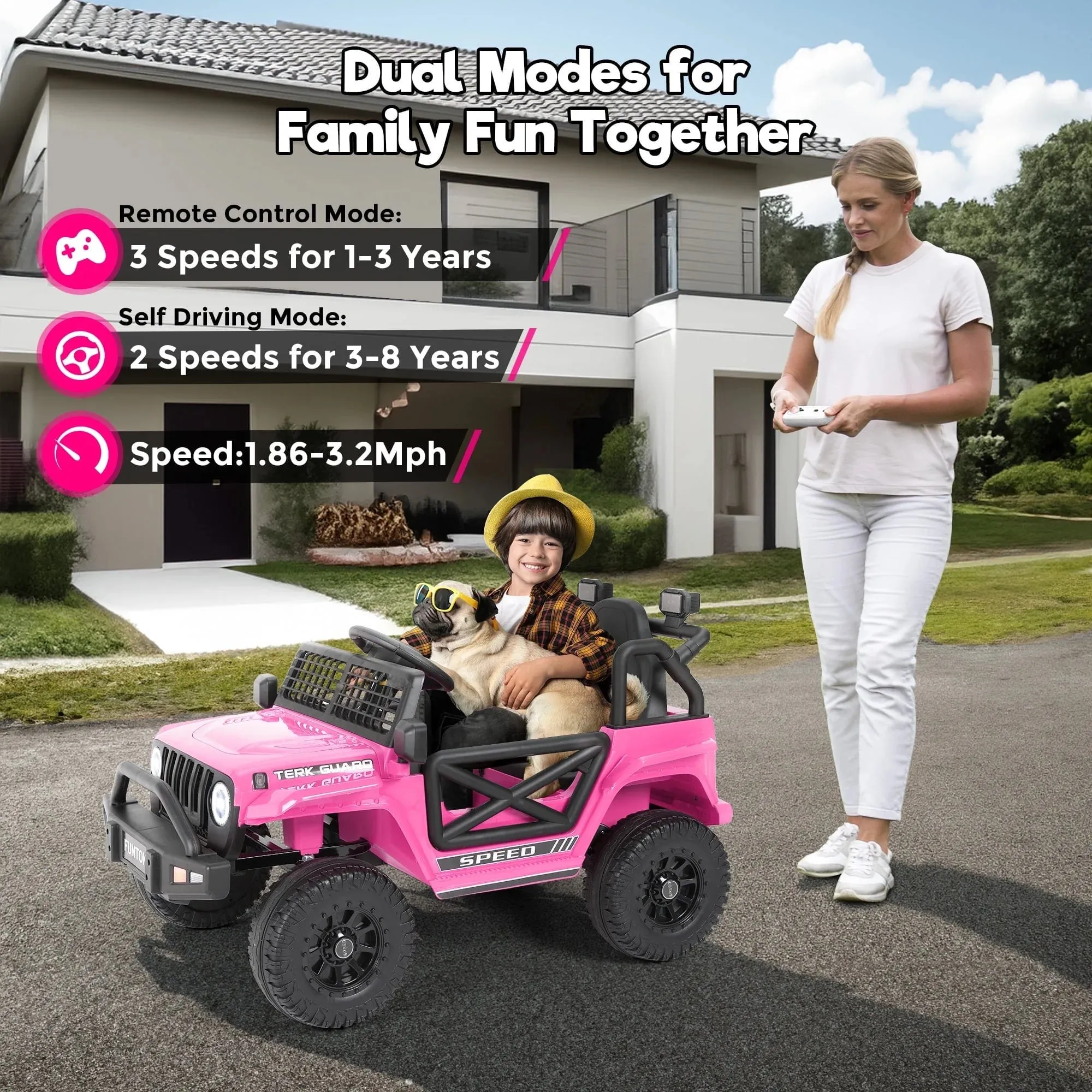 FUNTOK 12V 7AH Kids Ride on Truck, Electric Ride on Car Toy Battery Powered Truck Vehicle w/ Remote Control, Bluetooth, Spring Suspension, MP3 Player & LED Lights, 3 Speeds