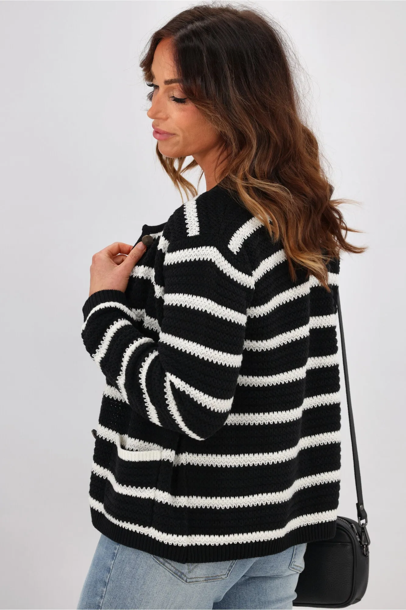 Gloss by Shine On Celestino Crochet Striped Cardigan Black