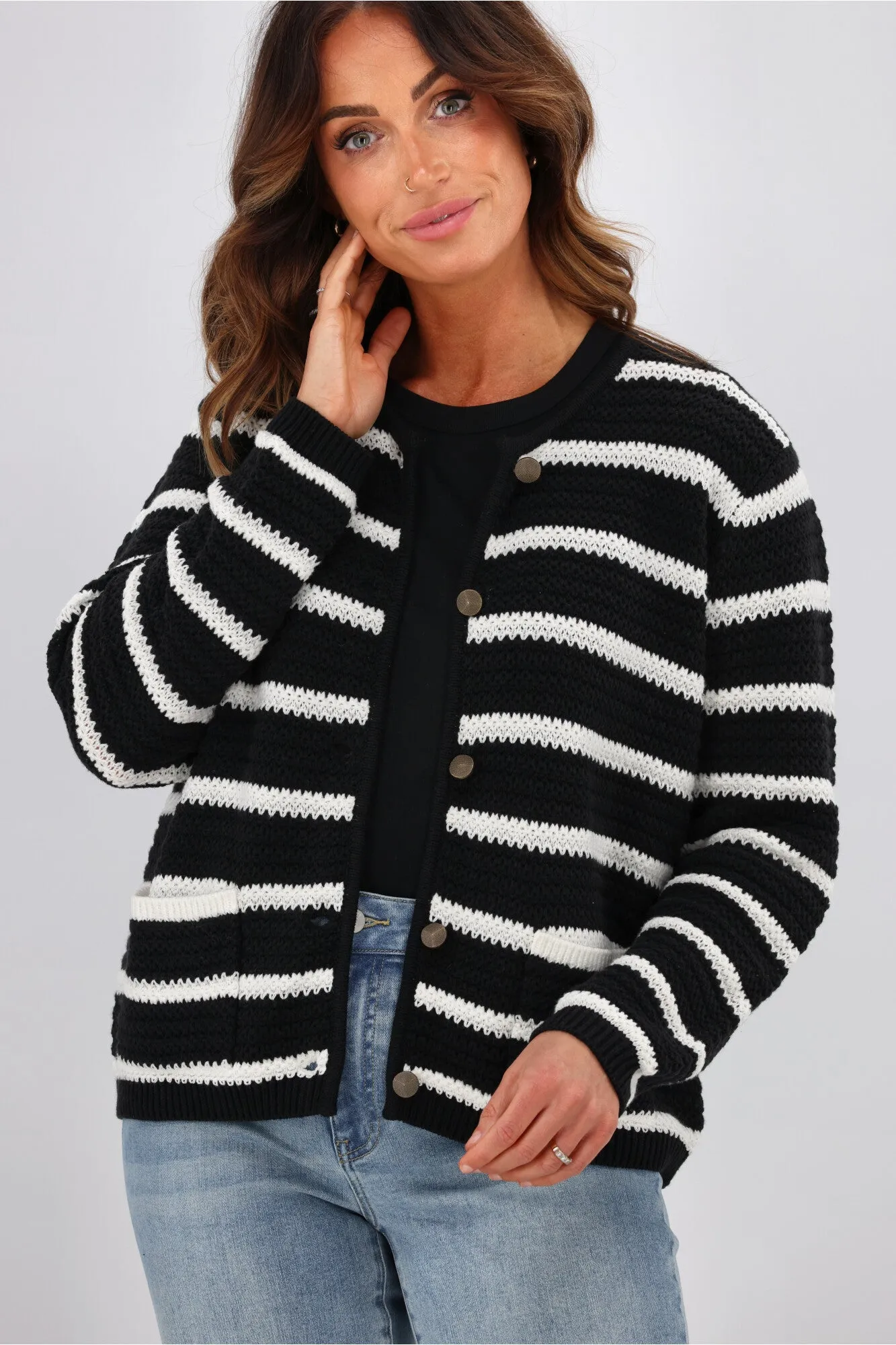 Gloss by Shine On Celestino Crochet Striped Cardigan Black