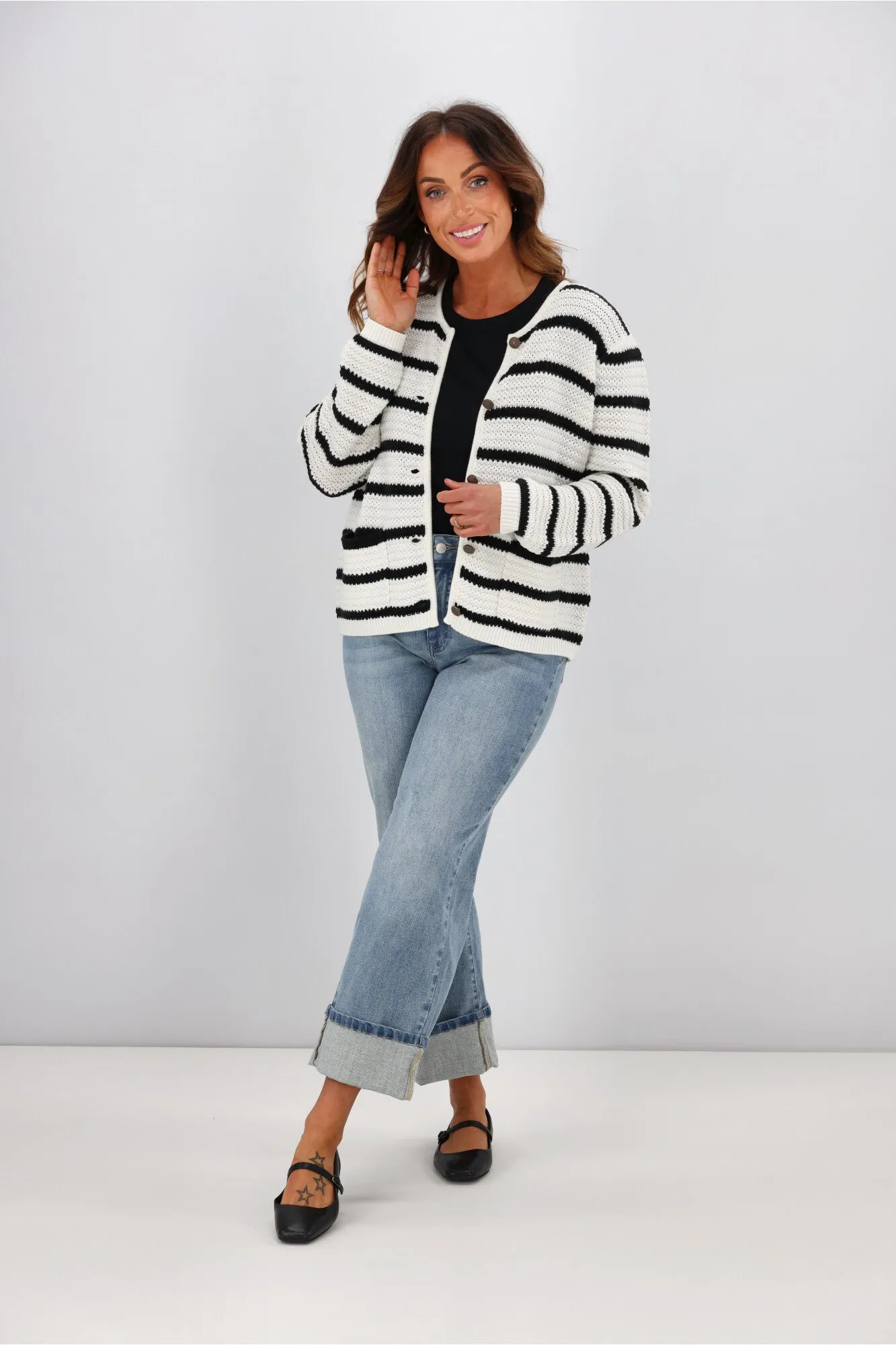 Gloss by Shine On Celestino Crochet Striped Cardigan Oat