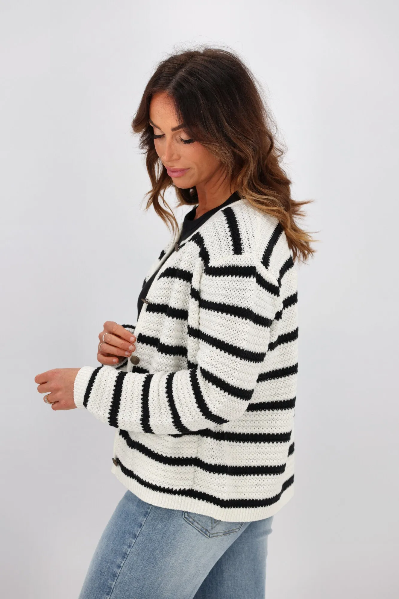 Gloss by Shine On Celestino Crochet Striped Cardigan Oat