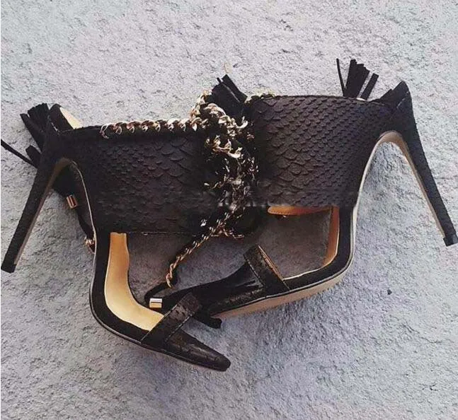 Gold Chain Decorate Tassels Platform Stiletto Heels High Sandals