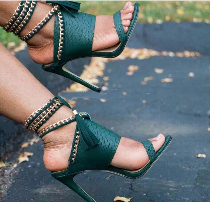 Gold Chain Decorate Tassels Platform Stiletto Heels High Sandals