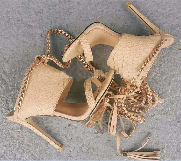 Gold Chain Decorate Tassels Platform Stiletto Heels High Sandals