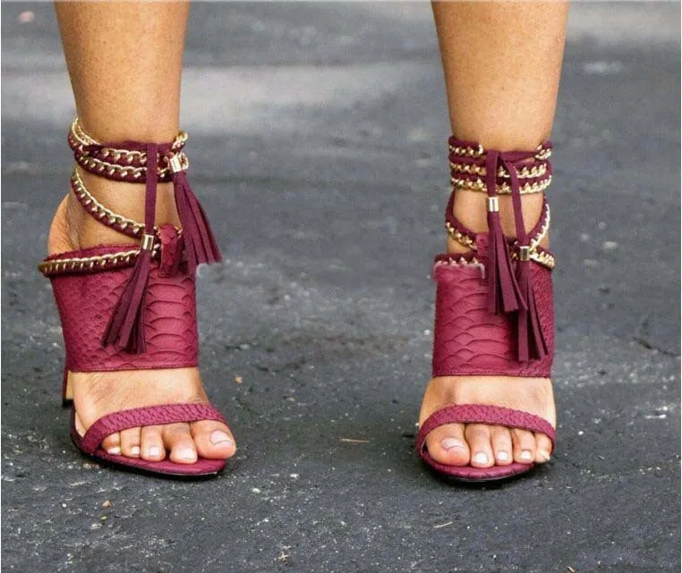 Gold Chain Decorate Tassels Platform Stiletto Heels High Sandals