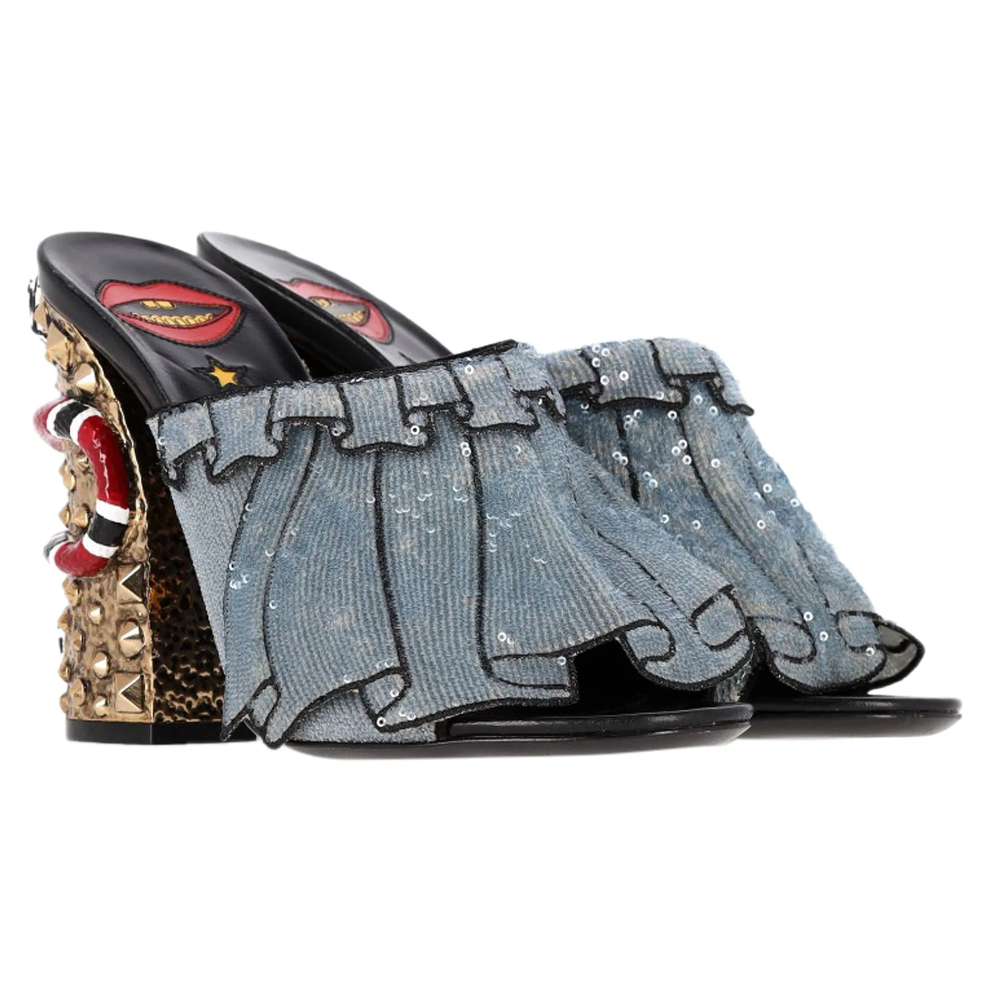 Gucci Trompe L'Oeil Sequin Ruffle Block Heel Mule Sandals in Blue Silk