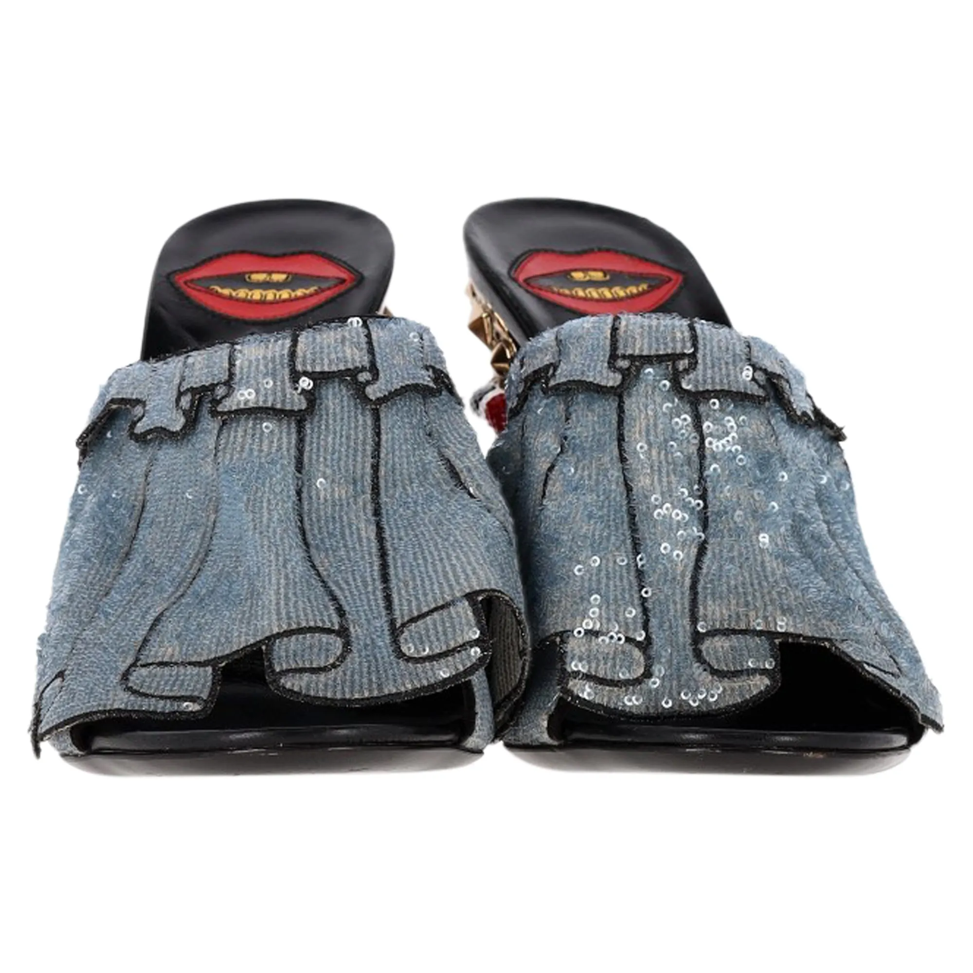 Gucci Trompe L'Oeil Sequin Ruffle Block Heel Mule Sandals in Blue Silk