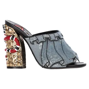 Gucci Trompe L'Oeil Sequin Ruffle Block Heel Mule Sandals in Blue Silk