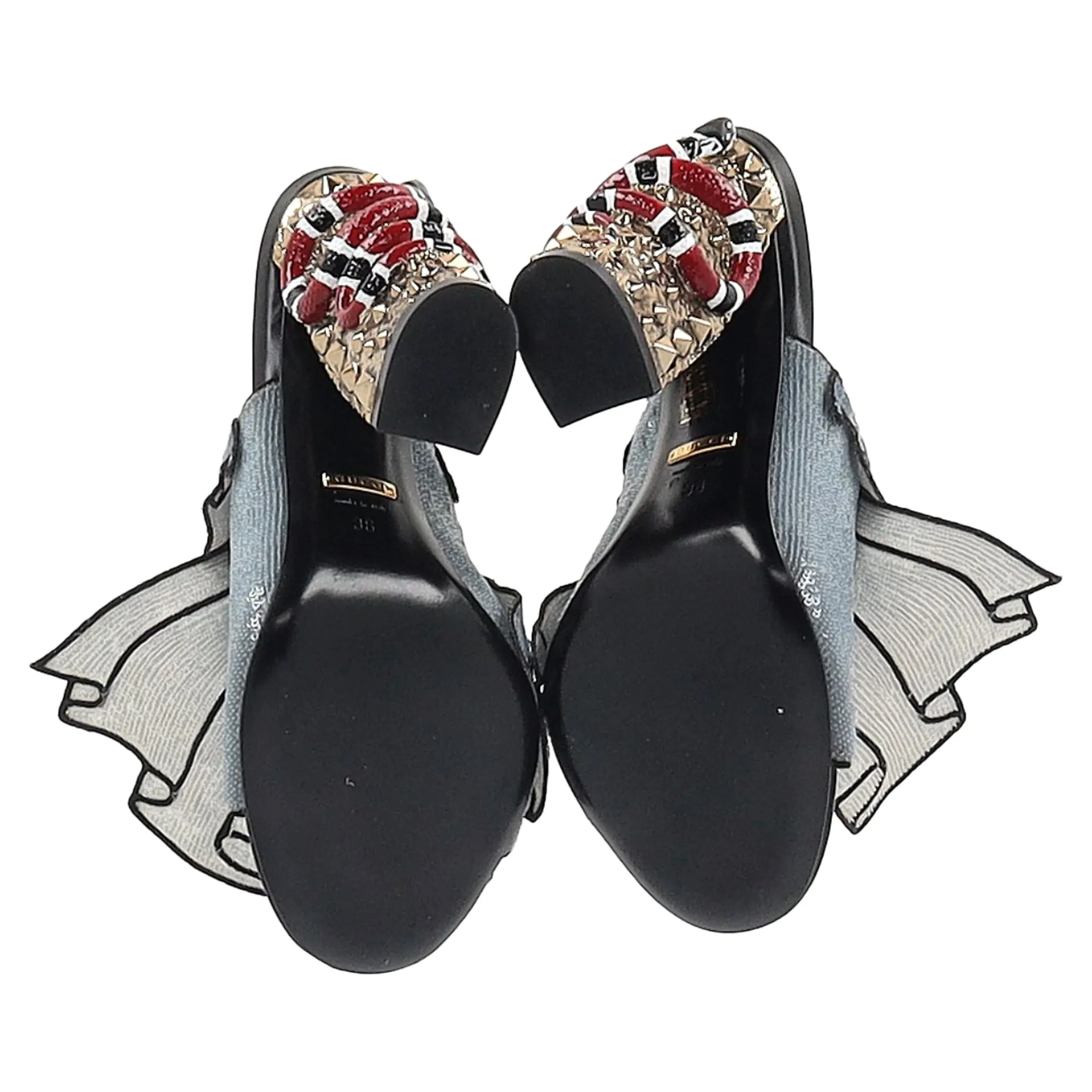 Gucci Trompe L'Oeil Sequin Ruffle Block Heel Mule Sandals in Blue Silk