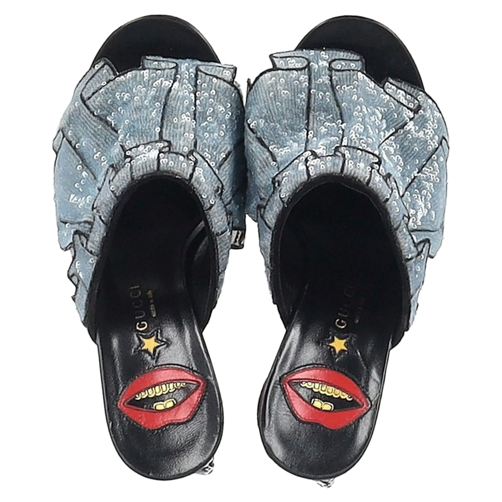 Gucci Trompe L'Oeil Sequin Ruffle Block Heel Mule Sandals in Blue Silk