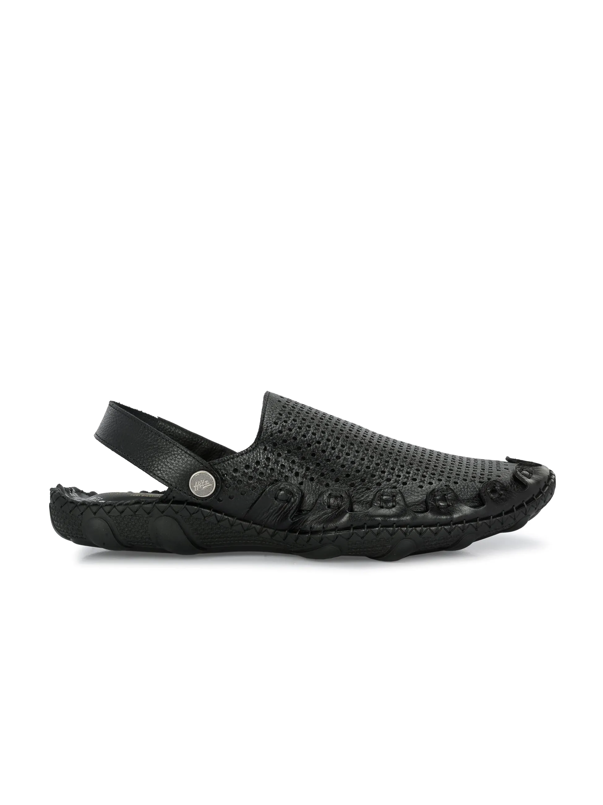 Hitz Men's Black Leather Comfortable Shoe Style Sandals with Back Strap