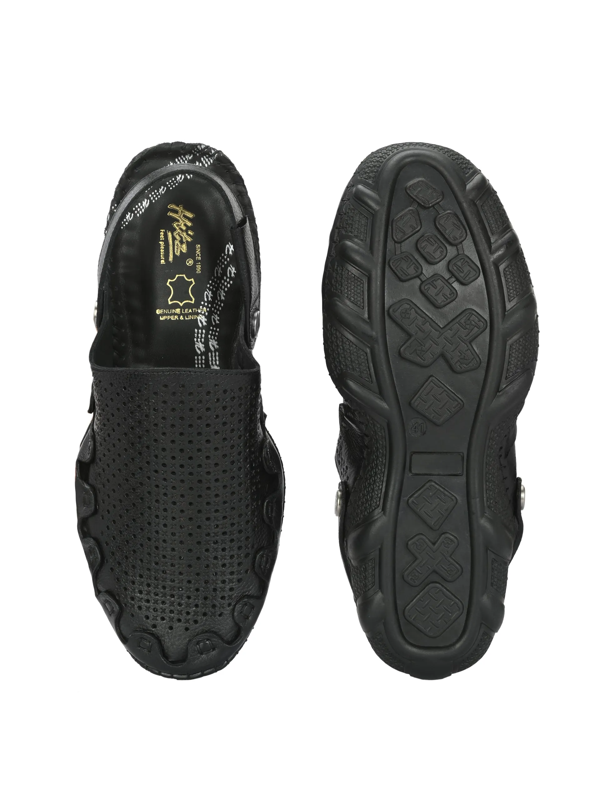 Hitz Men's Black Leather Comfortable Shoe Style Sandals with Back Strap