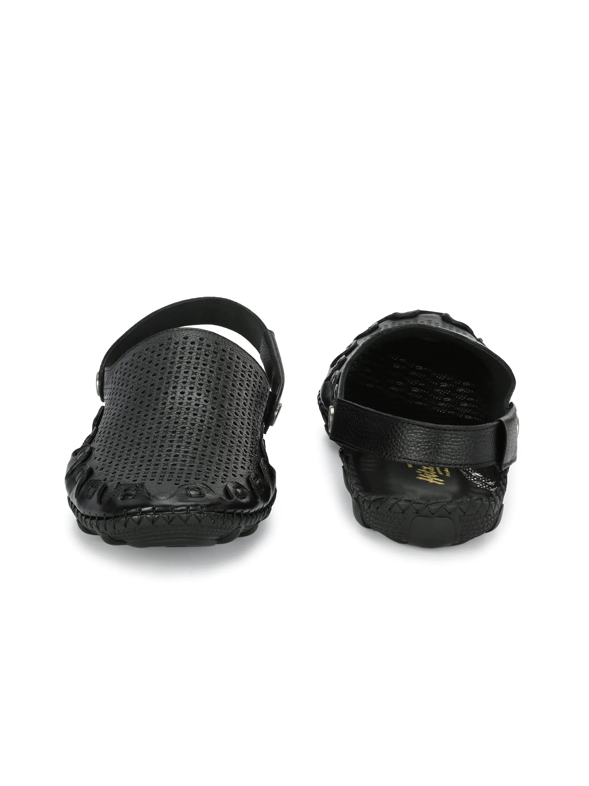 Hitz Men's Black Leather Comfortable Shoe Style Sandals with Back Strap