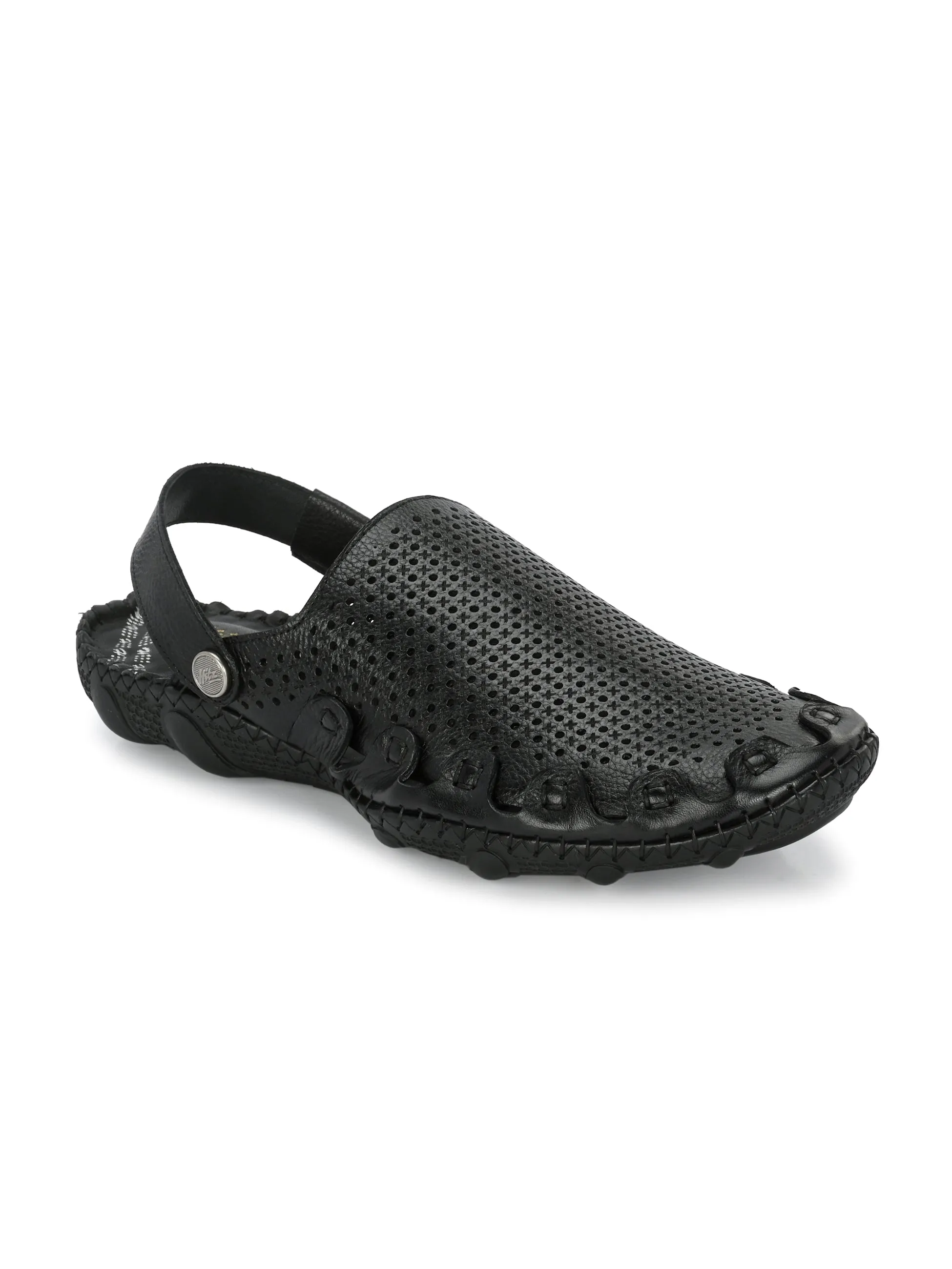 Hitz Men's Black Leather Comfortable Shoe Style Sandals with Back Strap