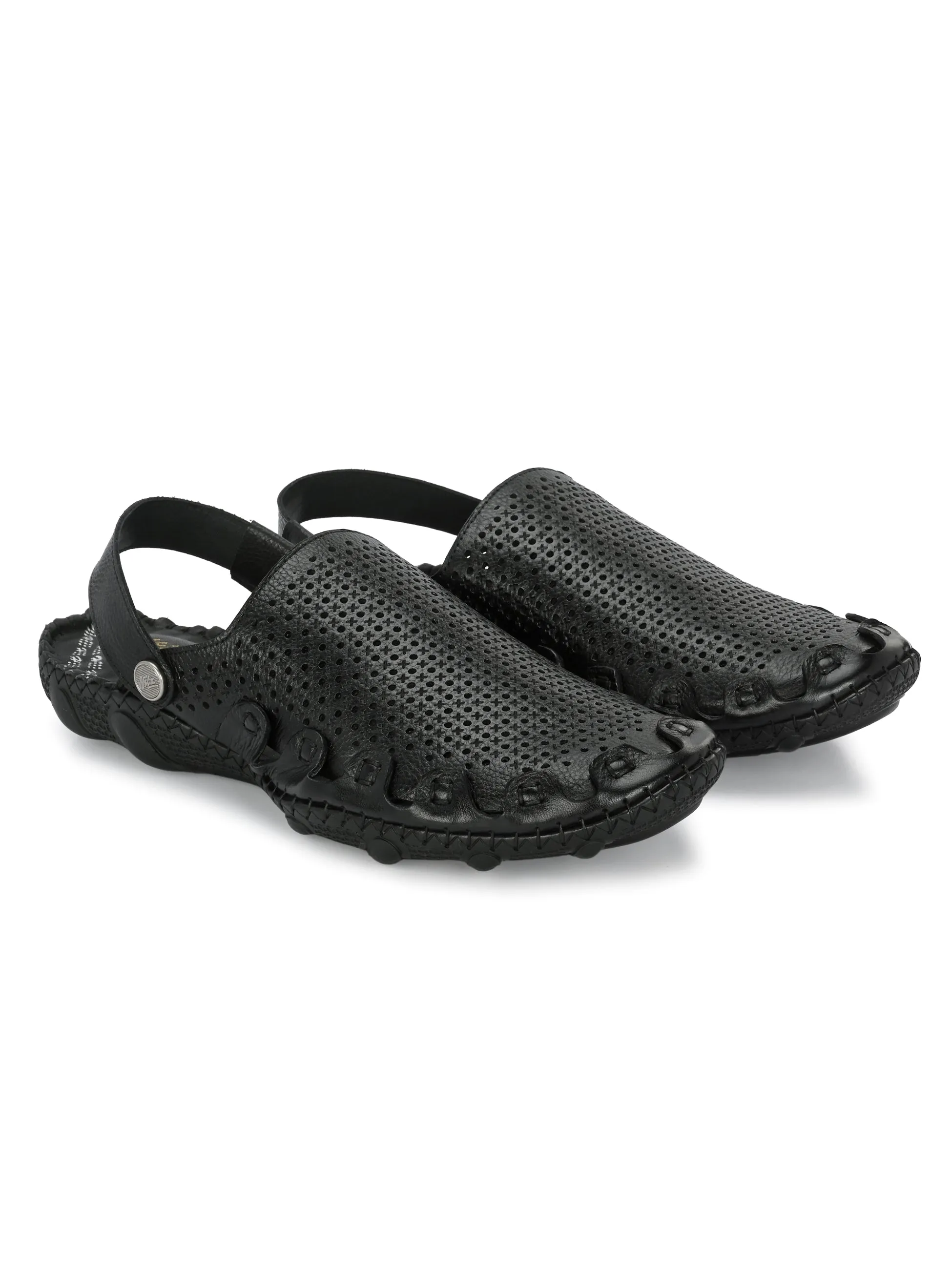 Hitz Men's Black Leather Comfortable Shoe Style Sandals with Back Strap