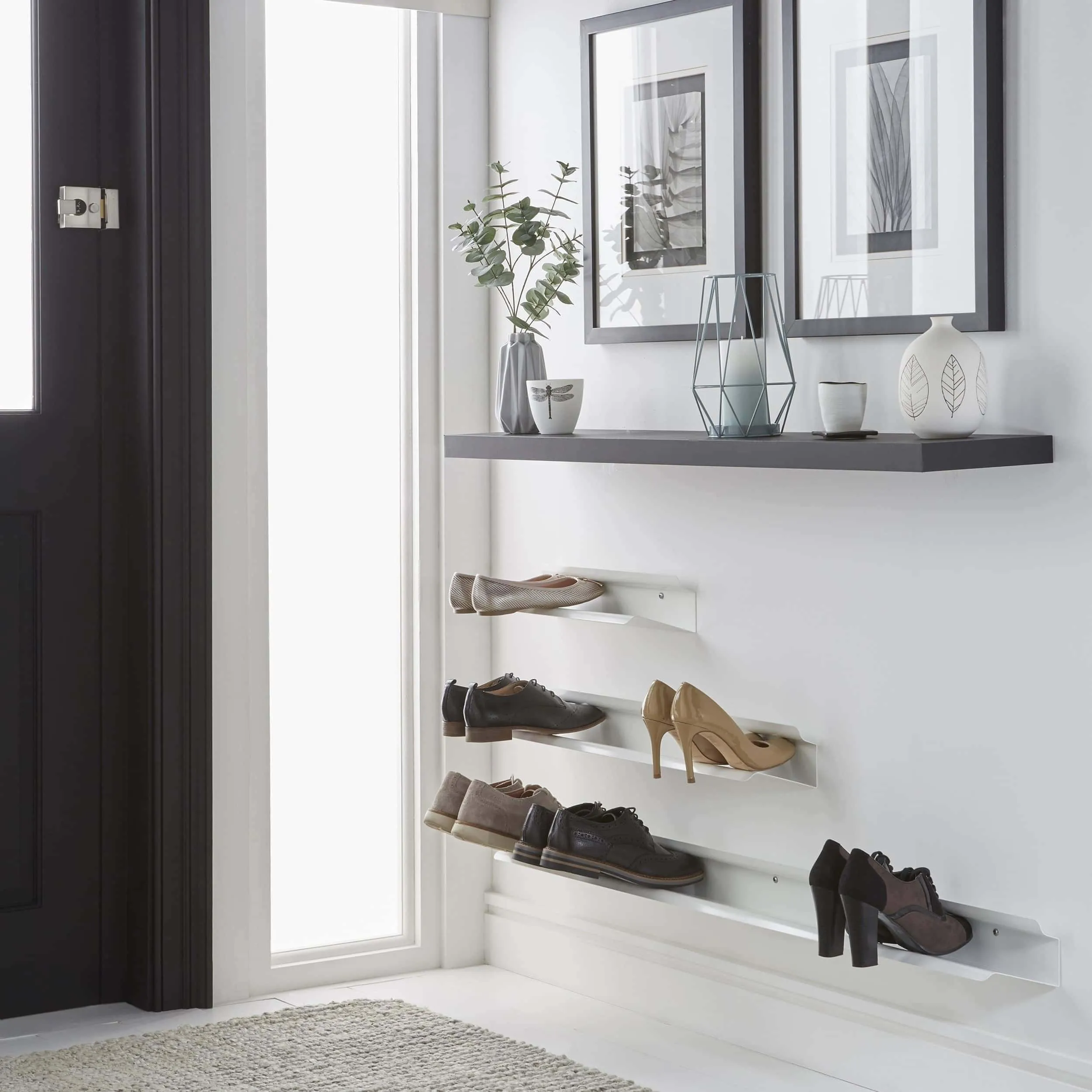 j-me Horizontal Shoe Rack - Wall Mounted Shoe Organizer Keeps Heels, Boots, Sneakers and Sandals Off The Floor. A Great Shoe Storage Solution for Your Entryway Or Closet. (White - 48 inches)