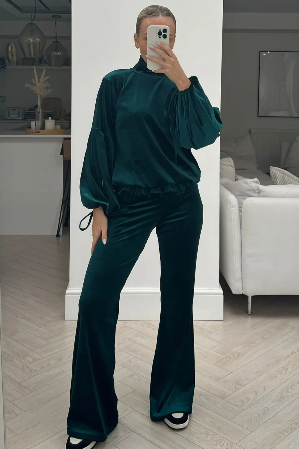 Jessie green velour high neck tie sleeve flared loungewear set