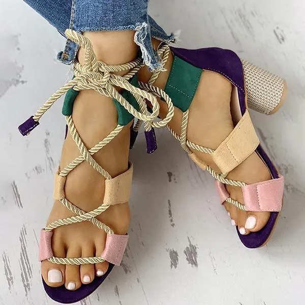 Kimemoda Colourblock Lace-up Sandals Chunky Block Heel Open Toe Sandals