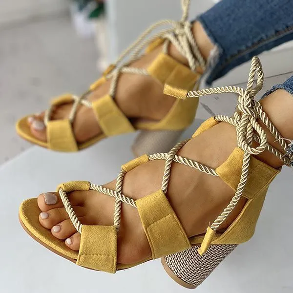 Kimemoda Colourblock Lace-up Sandals Chunky Block Heel Open Toe Sandals