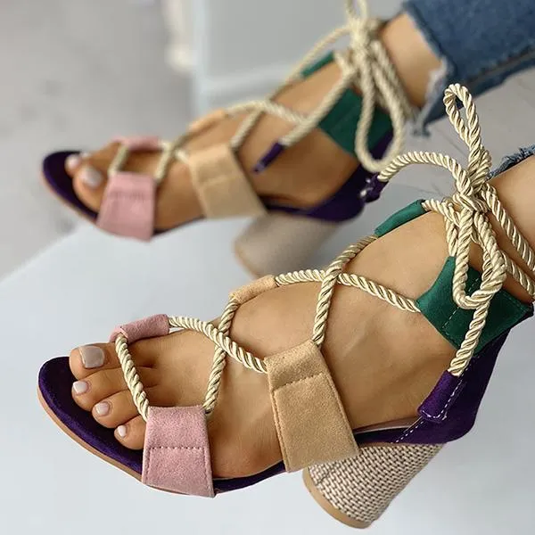 Kimemoda Colourblock Lace-up Sandals Chunky Block Heel Open Toe Sandals