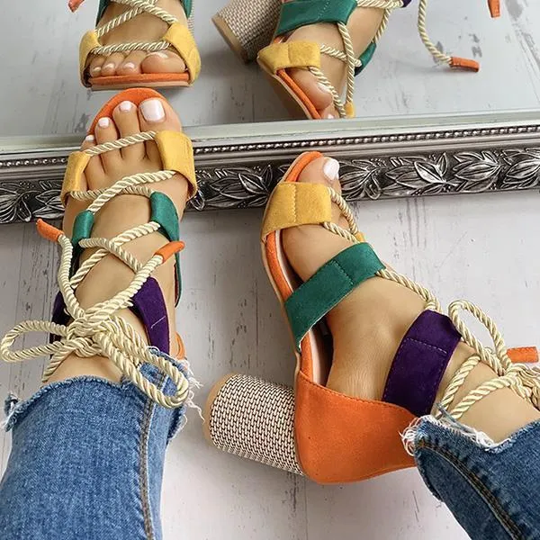 Kimemoda Colourblock Lace-up Sandals Chunky Block Heel Open Toe Sandals